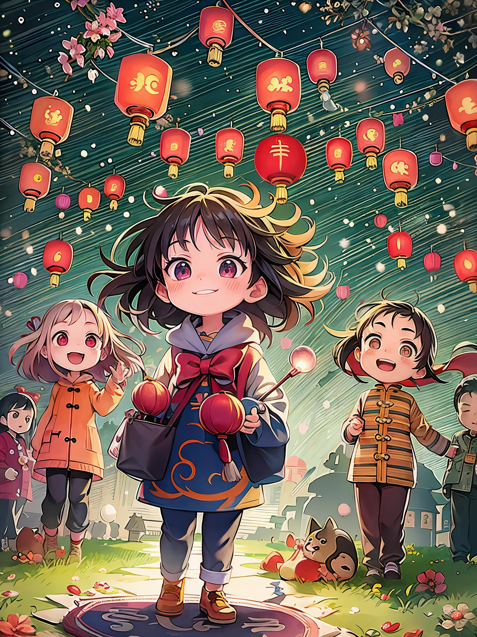 Kids Book, (Tim Burton style)，(Illustration captures the essence of Chinese New Year)，(Lanterns and festoons)，It's snowing，In the joyful atmosphere of the Spring Festival，(5 children are setting off firecrackers and fireworks)，(There are many fireworks in the sky)，The picture is beautiful，(Detailed and vivid children&#39;s hand-drawn illustrations)，Show character expressions