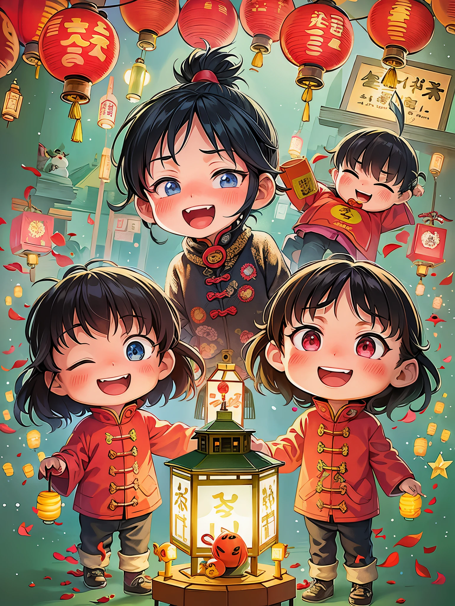 Kids Book, (Tim Burton style),(Illustration captures the essence of Chinese New Year),(Lanterns and festoons),It's snowing,In the joyful atmosphere of the Spring Festival,(5 children are setting off firecrackers and fireworks),(There are many fireworks in the sky),The picture is beautiful,(Detailed and vivid children's hand-drawn illustrations),Show character expressions