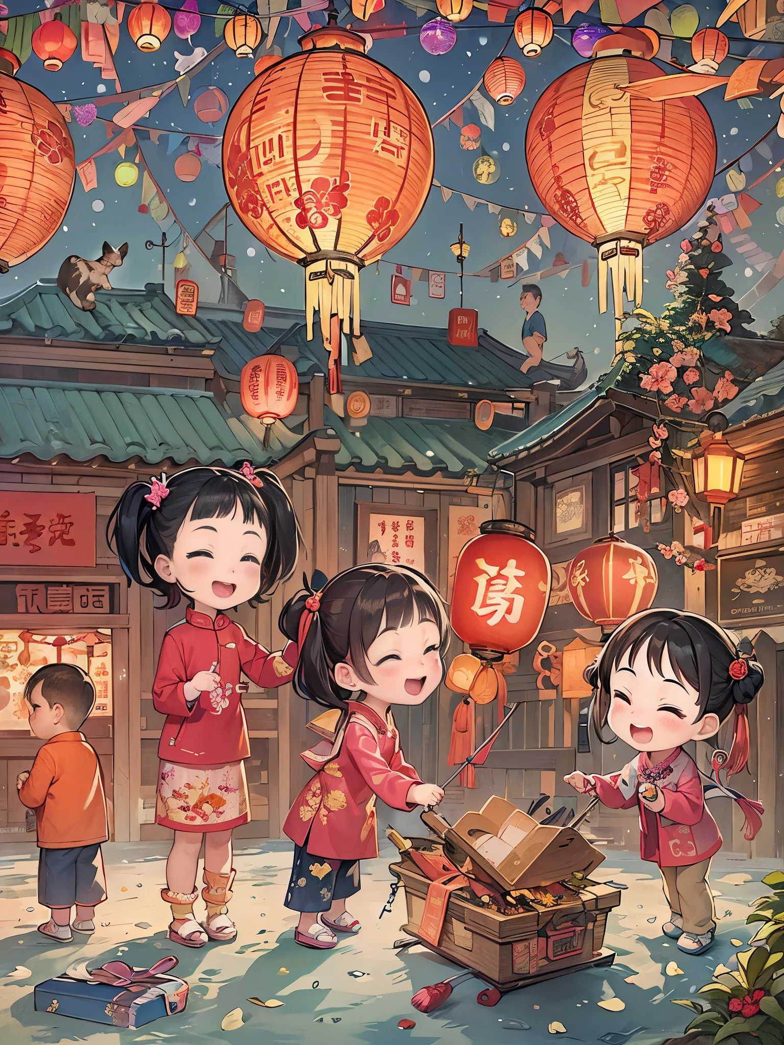 Kids Book, (Tim Burton style),(Illustration captures the essence of Chinese New Year),(Lanterns and festoons),It's snowing,In the joyful atmosphere of the Spring Festival,(5 children are setting off firecrackers and fireworks),(There are many fireworks in the sky),The picture is beautiful,(Detailed and vivid children's hand-drawn illustrations),Show character expressions