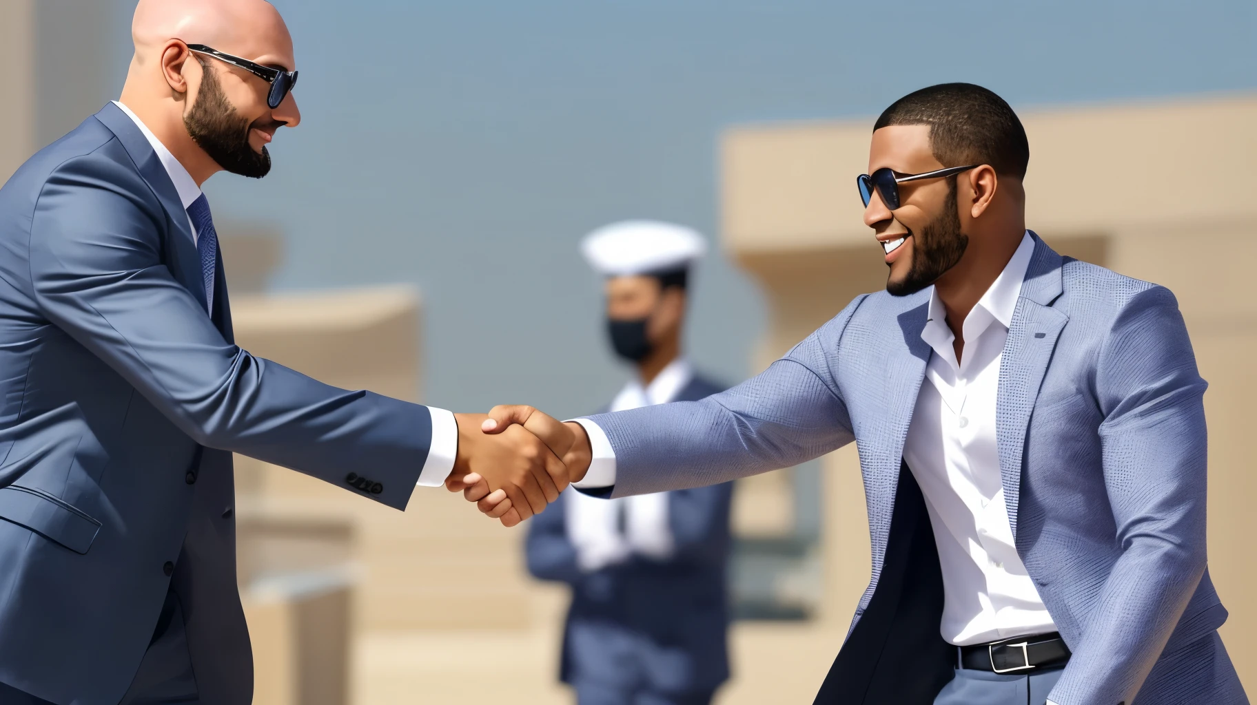 two men in suits giving handshake (one of them is skinhead), they are in a luxurious villa in dubai --auto --s2