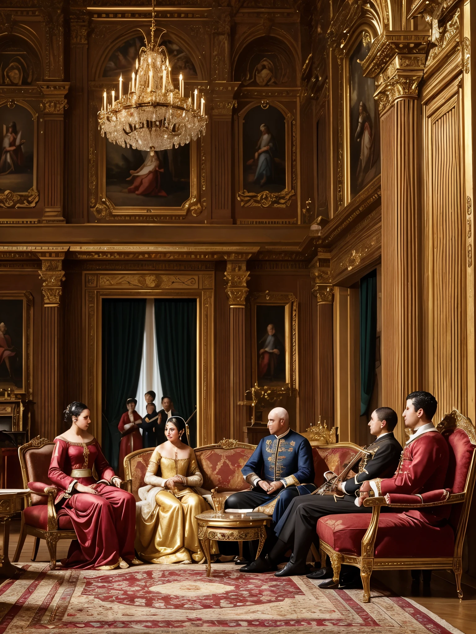 Describe a lavish gathering in the courtyard of a Renaissance palace. Picture nobles adorned in rich, flowing garments, engaging in animated conversations. Highlight the opulence of the surroundings, with fine tapestries, gilded furniture, and musicians playing in the background.