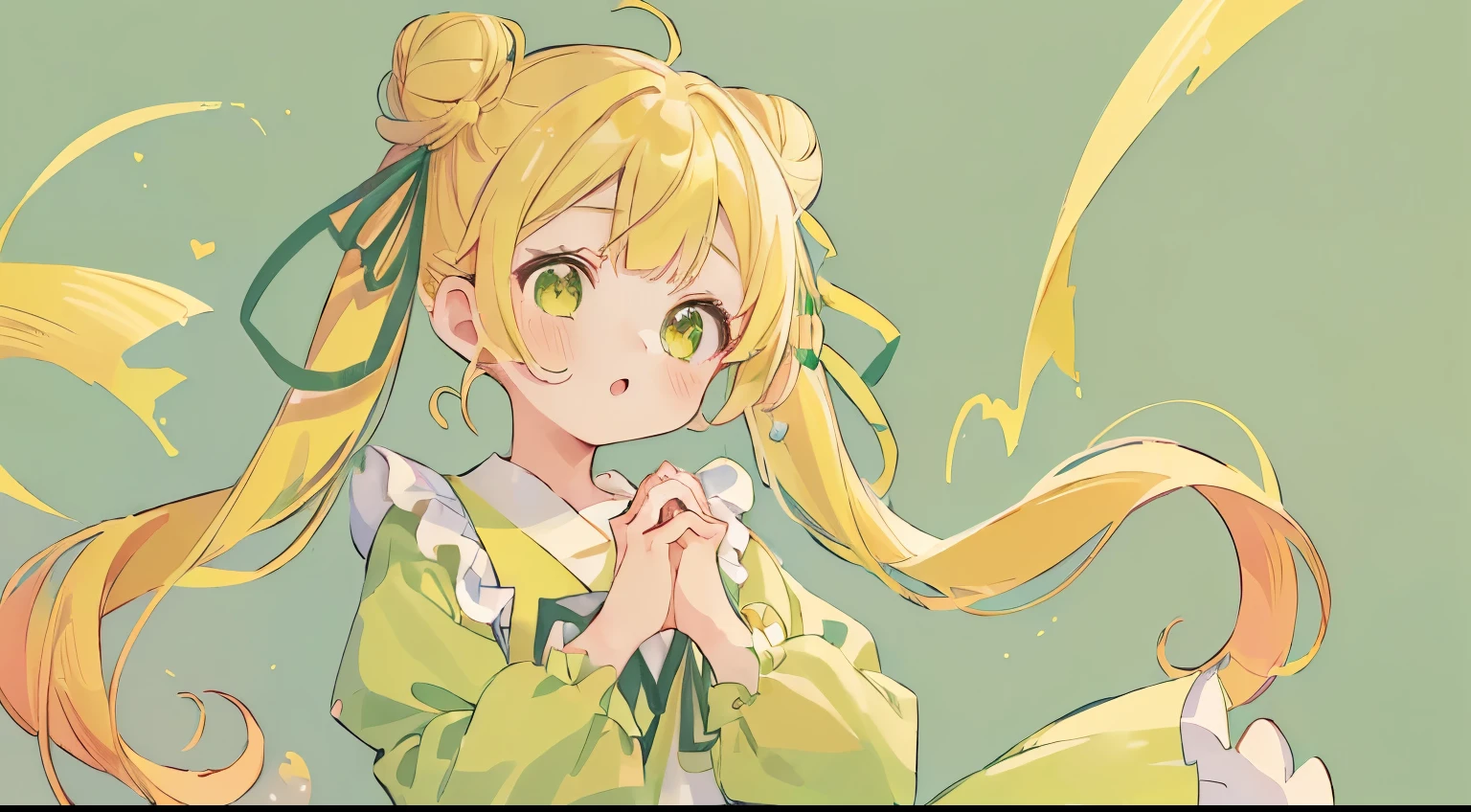 absurderes, hight resolution, (Anime style:1.1), ((masutepiece)), ((Best Quality)), (Ultra-detailed), (Beautiful),Beautiful face、(liftup),Cute little girl s、(((Twin-tailed、Bun hair、Yellow hair、Long、ロングTwin-tailed)))(((Green dress、frilld、Green ribbon)))(()Delicate eyes、Yellow eyes、Mine clothing、)(((((The upper part of the body、hands are heart、((hands are heartの形)))))))Stuffy face、round mouth(((Green background、Background Simple)))(((((Long)))))((((Green dress))))((((((1girl in))))))