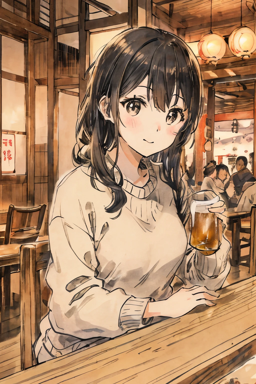 Japan tavern、A woman in a sweater sitting at a counter seat、Wave your hand at us、I'm a little far away、Beer on the table、Year-end party、modern