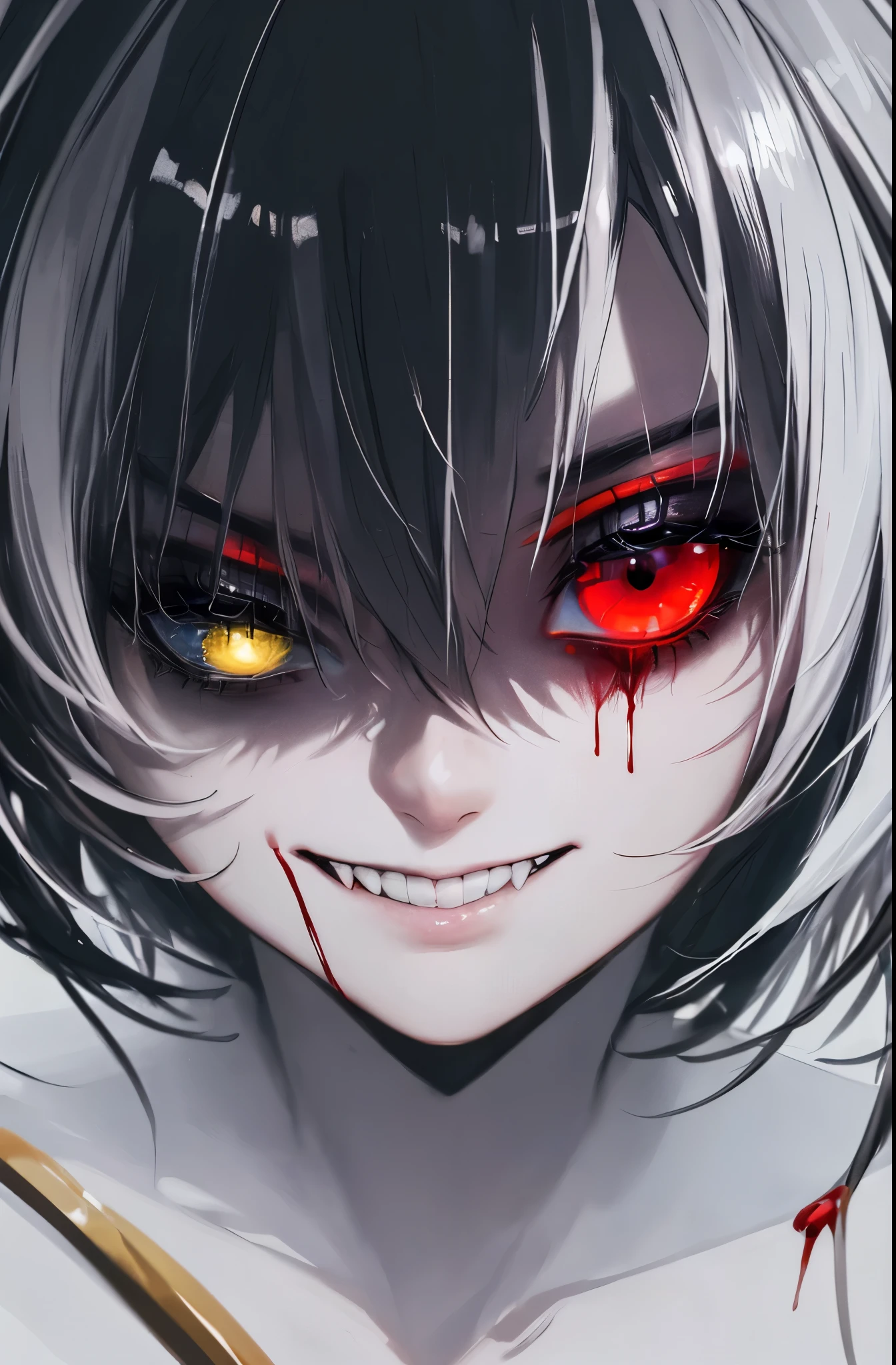 kk, best quality, more details, mastery, portrait, 1boy, male focus, (evil:1.2),(from below:1), male focus, solo, smile, kaneki ken, Heterochromia, Black sclera, colored sclera, White hair，red eyes，looking at viewert，to grin，sportrait，By bangs，short detailed hair，dark energy，Colorful，vivd colour，portal to another world，the sideview，face_focus，zoomed_face，zoomed_in，bokeh，blood vess，，darkly，moodiness，Spooky background，villian，Colorful，big breasts beautiful，hyper realisitc，intricately details，ellegance，hyper realisitc，Tone-mapping，hyperfocus，Clear focus，[Volumetriclighting]，Realistic and realistic，posh，8k，A detailed，Ray traching，depth of fields，cinmatic lighting，Small gold grains，