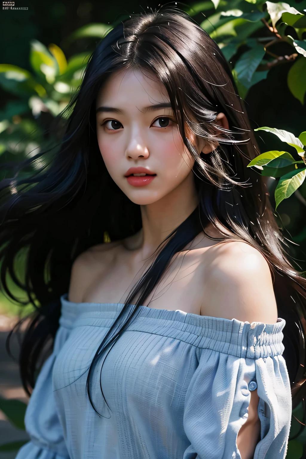 bestquality, masterpiece, ultra-high resolution, RAW photo, beautiful and beautiful,Deep Shadows, dark theme,(photorealistic portrait:1.4),
(1girls, long-haired, (wind blown hair, Black hair with smooth hair), Printed shirt, small face, off shoulders), Slim body, fit, cowboyshot, Girl-Girl, Renhang, 
outdoor,
