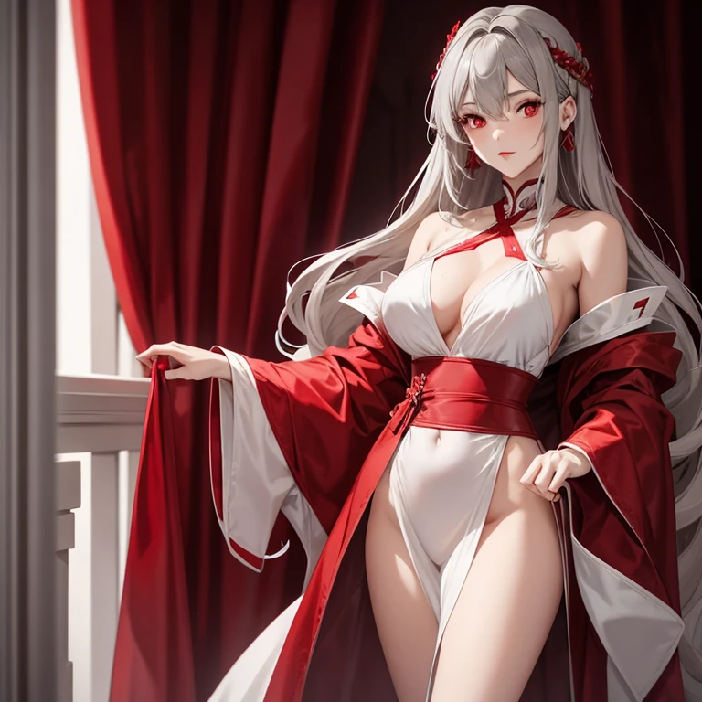 Beautiful girl with long light gray hair, red eyes, red lips, in a divine red-crimson robe, stands