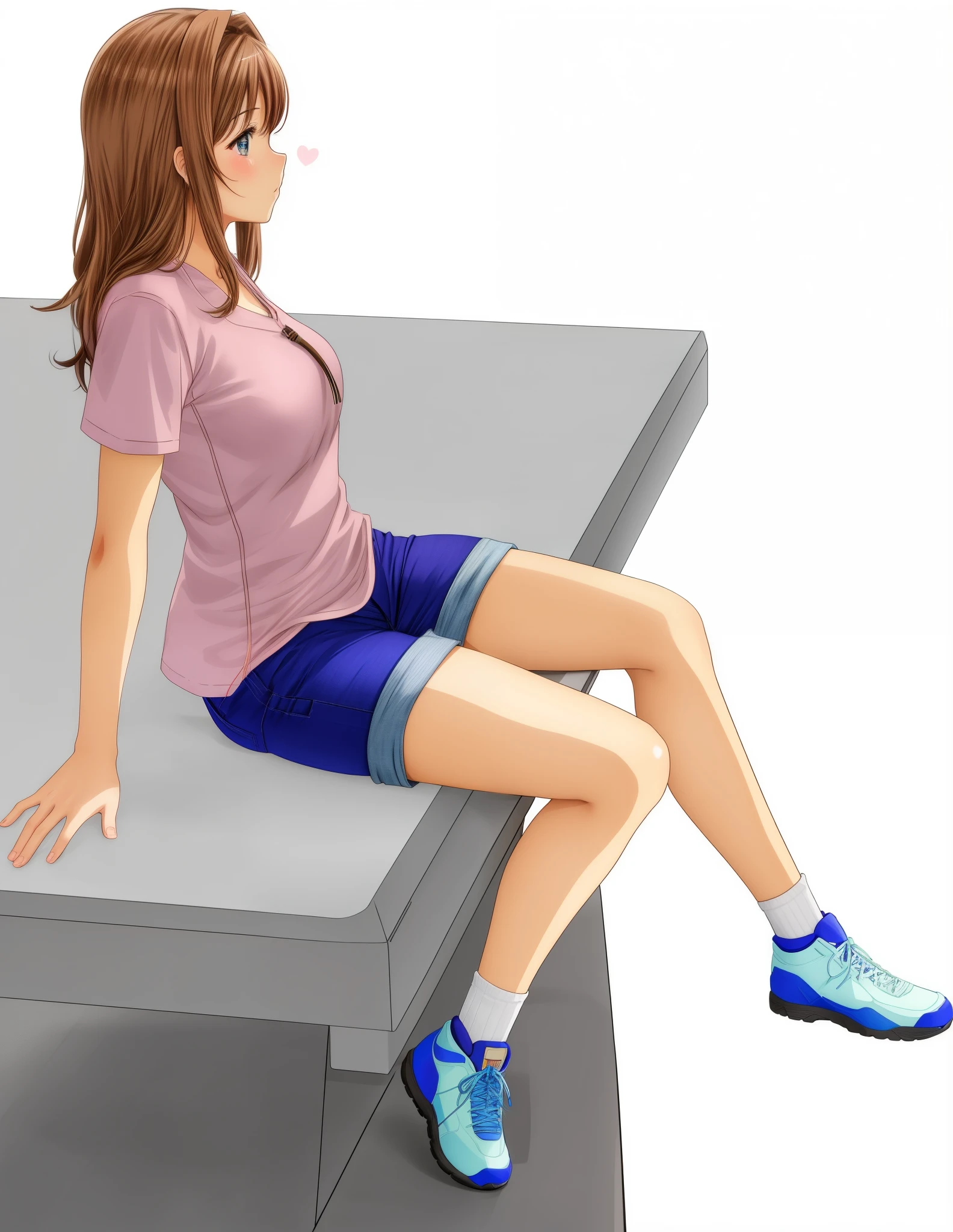 Anime brown hair girl with pink shirt and short blue jeans sitting on a desk with her legs crossed, sitting on a table, sitting on a desk, sitting on top a table, sitting on a lab table, sitting on the table, beautiful anime girl squatting, sitting at a desk, anime pose, sitting at a table, sitting pose, sitting at desk, on a table, the anime girl is crouching