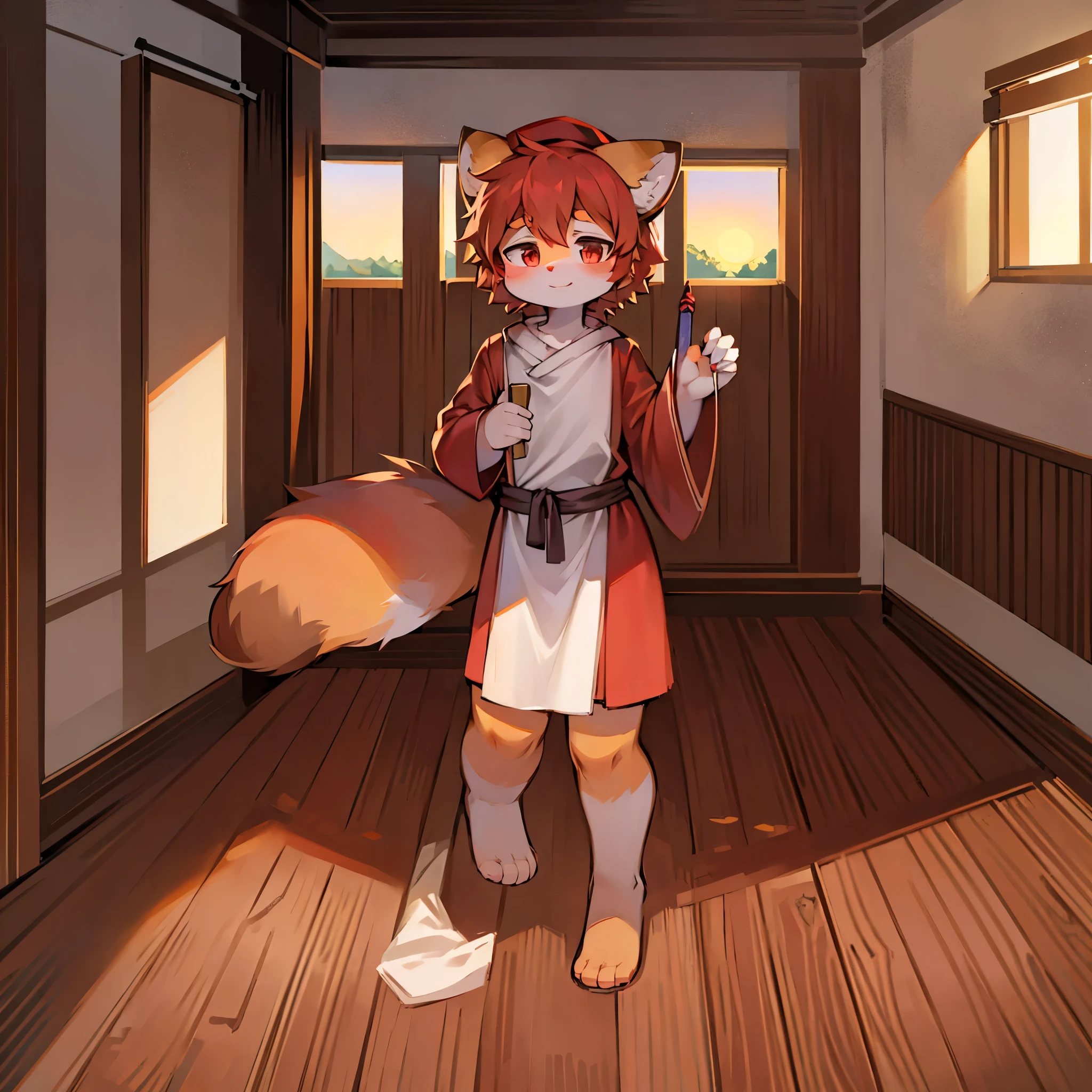 Fox Boy,sit down, Living in a doghouse,Red collar, Eat food on the floor
