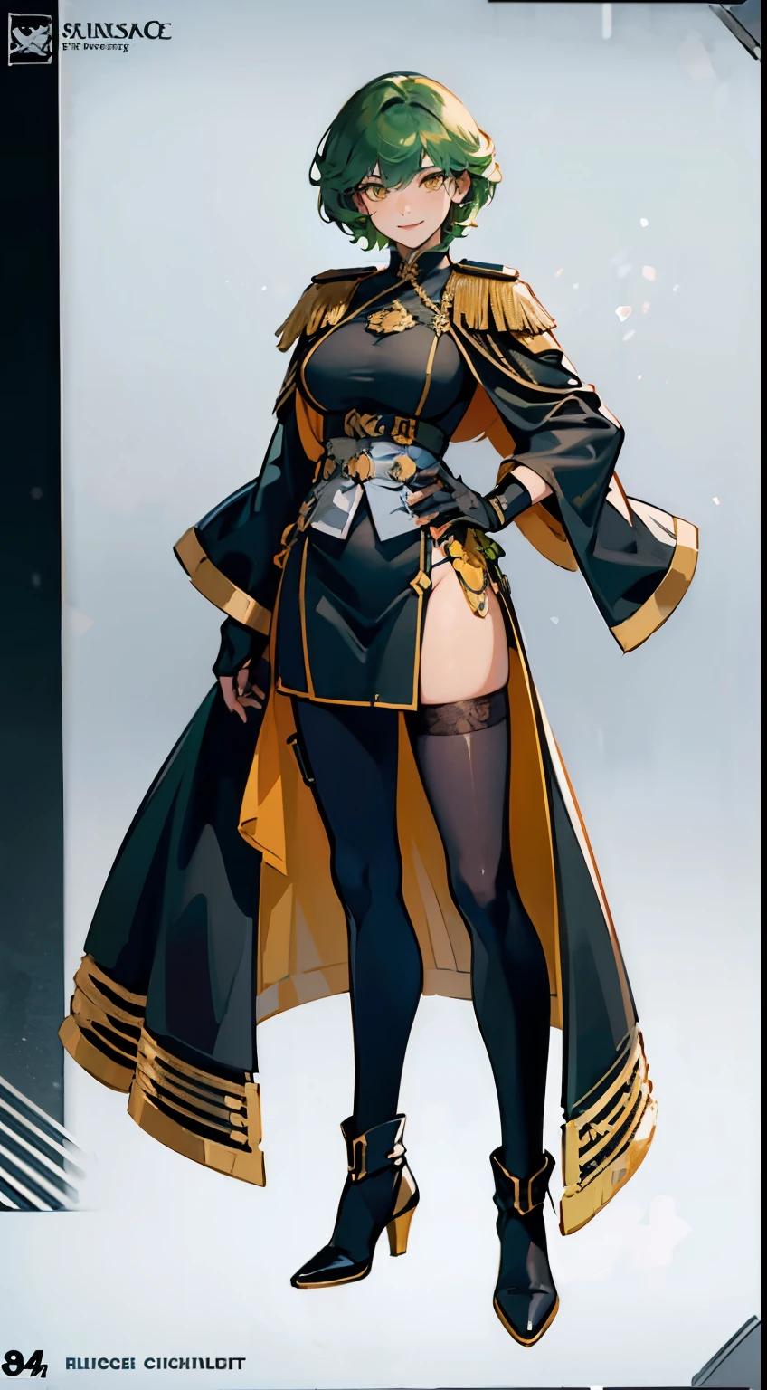 ((masterpiece,best quality,8k,highres)),((character concept art)), 1 female, middle-age female, Navy General, 165cm height, extraordinary gorgeous, charming, (smirk smile), shapely breasts, hourglass body shape (muscular), ultra finely detailed eyes (yellow eyes colour), intricate details, short curly hair, (green hair colour), super finely detailed hands, ultra finely detailed fingers (((ten finger))), full black Navy General outfit, black navy coat, black gloves, black boots, standing still, full body showcase, (show full body), (no logos on background), (no logo), (( background)), ((plain background)), ((plain background)), (((empty background)))