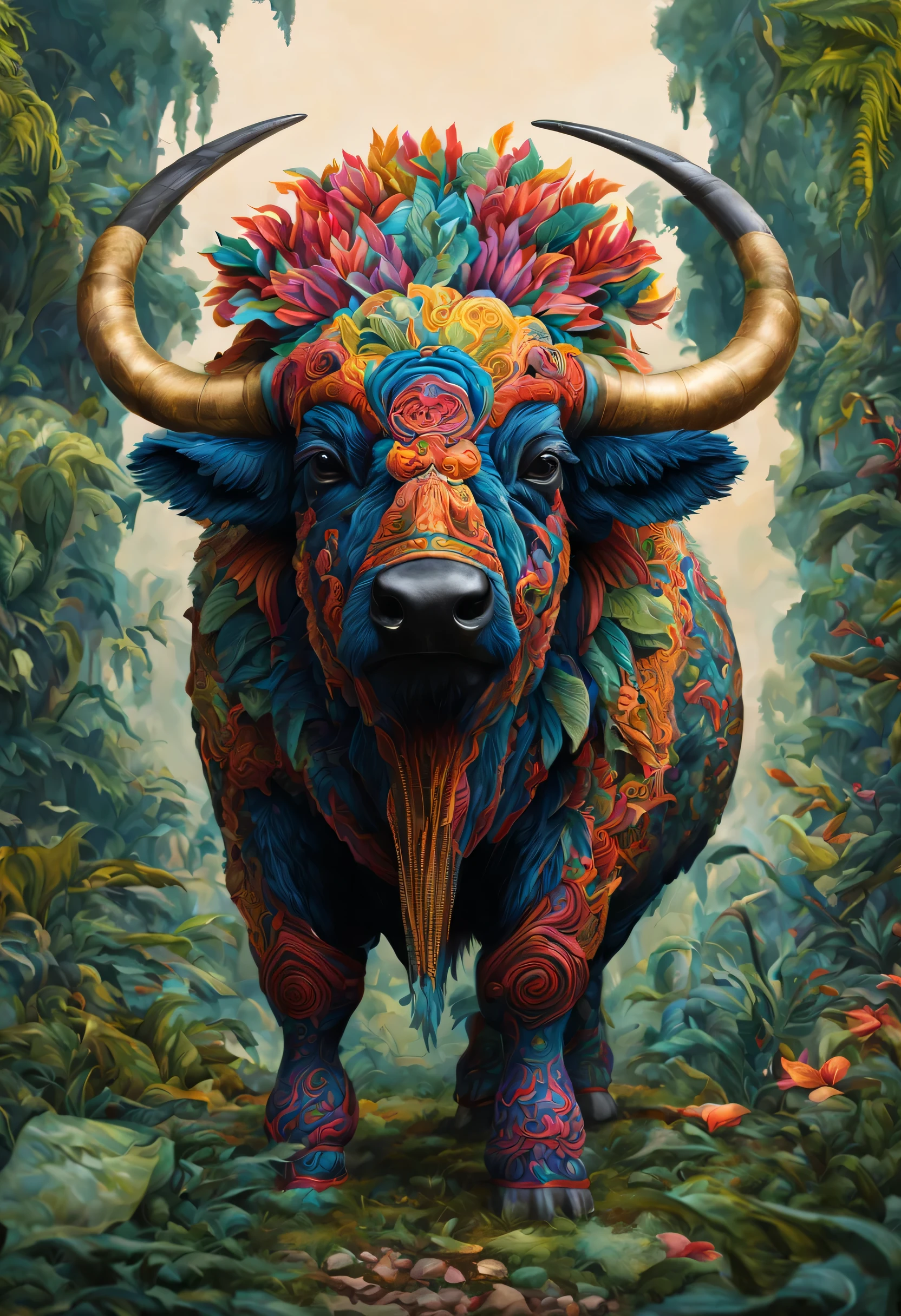 Future genetic engineering will incorporate living organisms into its work of art, Covered by buffalo. Alebrije, Masterpiece, hyper HD, Axonometric view, jungles. Cyberpunk