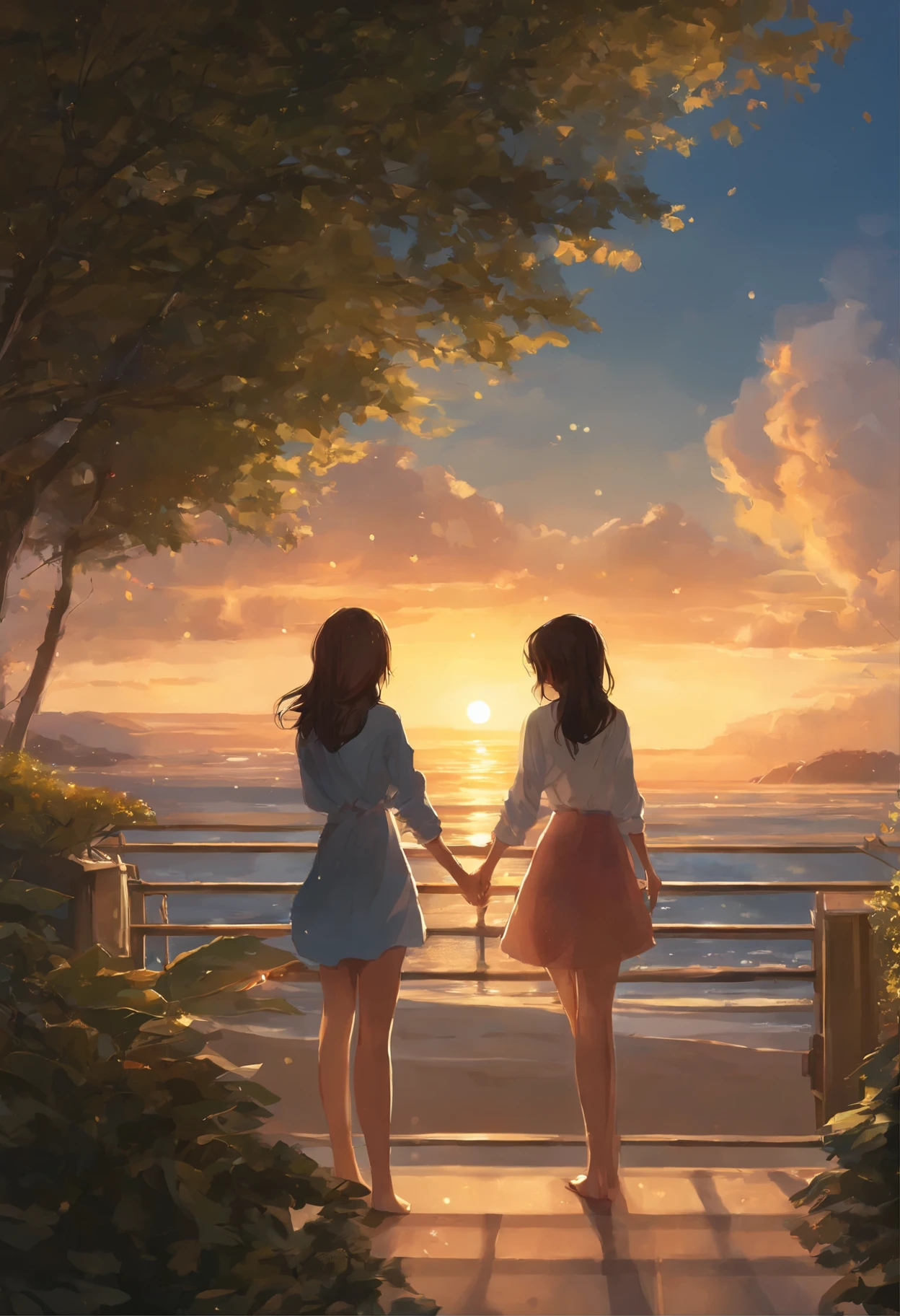 A lot of girls, Girls from different worlds (snowfall, Christmas tree, New Year's toys, Beach falling snow, waves, sand)reach out to each other, anime couple two girls friends brunette and blonde, standing on a ledge and watching the sunset, clouds and rainbow below, guweiz and makoto sinkai, in style of makoto sinkai, makoto sinkai cyril rolando, sakimichan and makoto sinkai, ross tran and makoto sinkai, ( ( makoto sinkai ) ), style of makoto sinkai