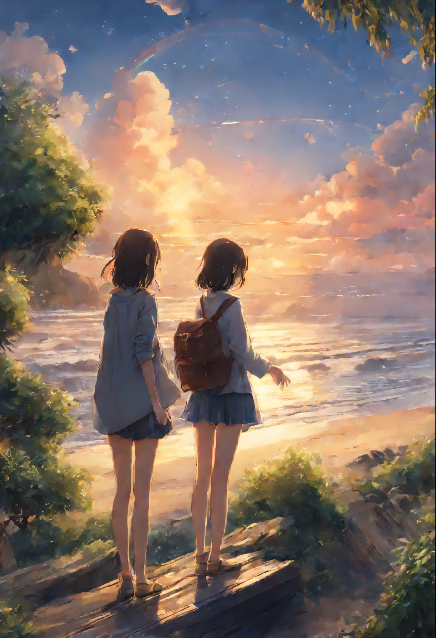 A lot of girls, Girls from different worlds (snowfall, Christmas tree, New Year's toys, Beach falling snow, waves, sand)reach out to each other, anime couple two girls friends brunette and blonde, standing on a ledge and watching the sunset, clouds and rainbow below, guweiz and makoto sinkai, in style of makoto sinkai, makoto sinkai cyril rolando, sakimichan and makoto sinkai, ross tran and makoto sinkai, ( ( makoto sinkai ) ), style of makoto sinkai