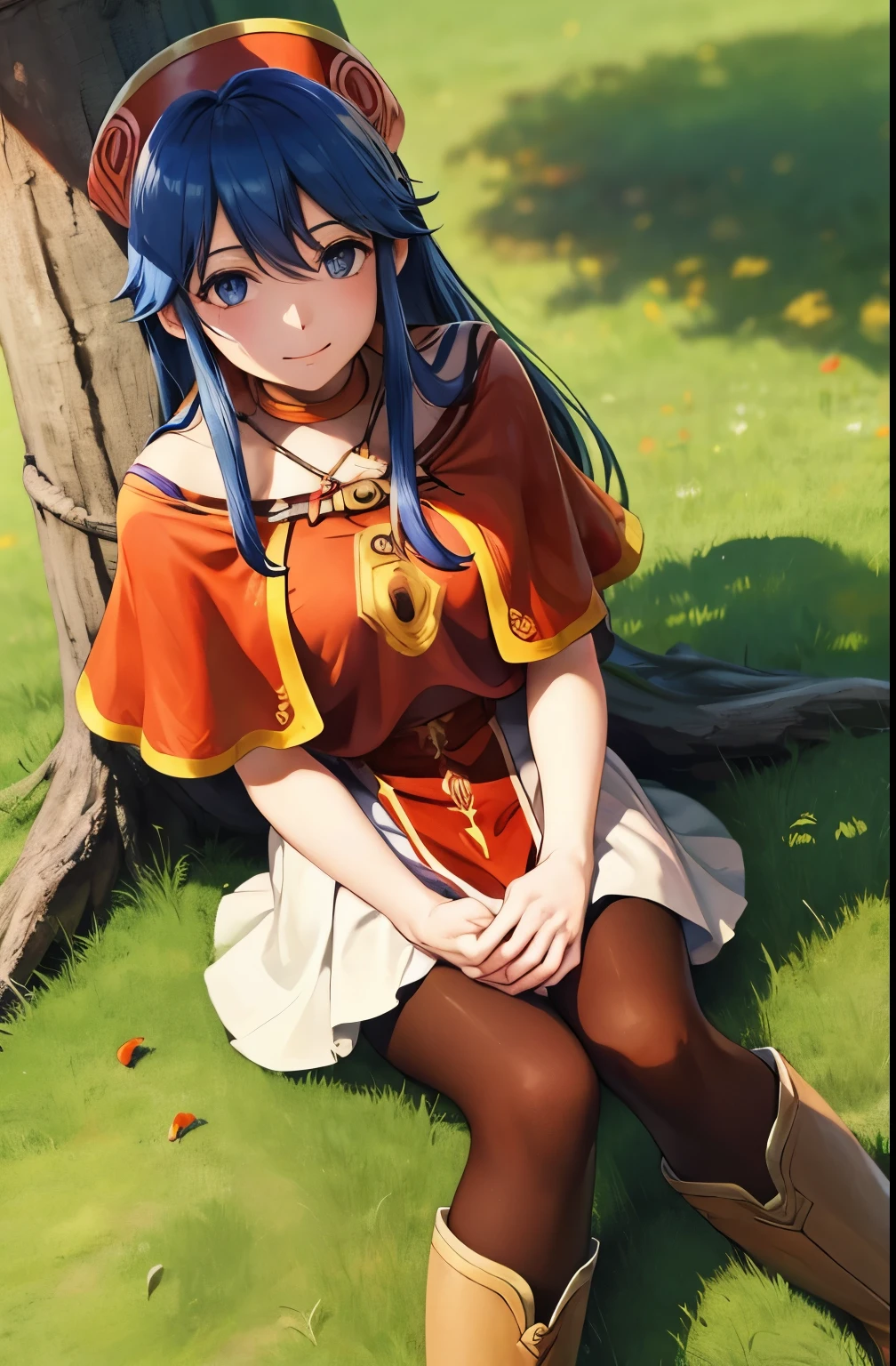 upperbody,def_lilina,happy,closed mouth,  pantyhose,capelet, dress, boots,jewelry,looking at viewer,outdoors,under the tree, (masterpiece, best quality, ultra-detailed, best shadow)