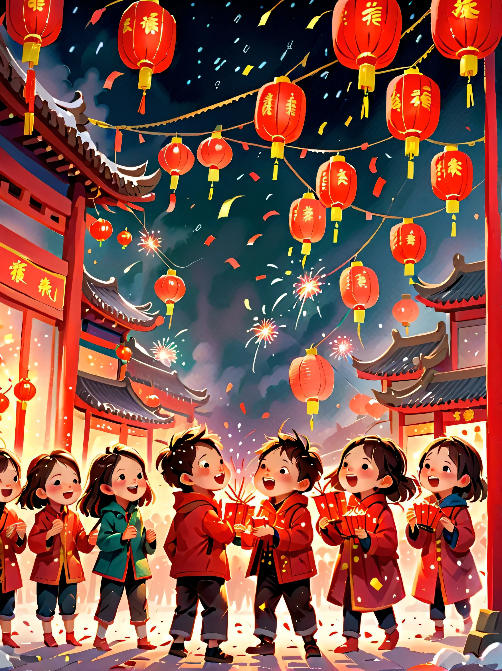 ChildrenRedmAF, 児童書, (Tim Burton style),(Illustrations capture the essence of Chinese New Year),(Lanterns and festoons),It's snowing,In the joyful atmosphere of the New Year,(5 children are setting off firecrackerire works),(天上有很多fire works),the picture was beautiful,(Detailed and vivid children'Hand drawn illustrations),Show people's expressions