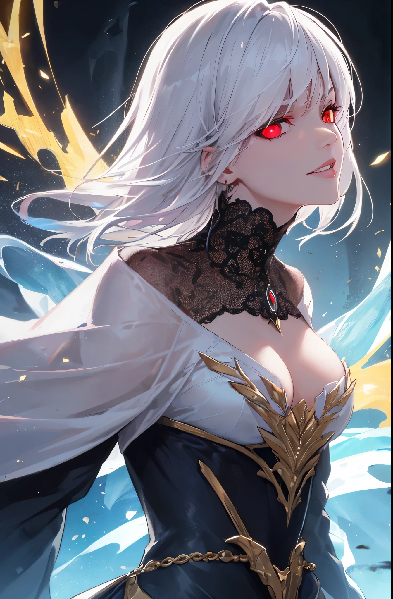 kk, best quality, more details, mastery, portrait, 1boy, male focus, (evil:1.2),(from below:1), male focus, solo, smile, kaneki ken, Heterochromia, Black sclera, colored sclera, White hair，red eyes，looking at viewert，to grin，sportrait，By bangs，short detailed hair，dark energy，Colorful，vivd colour，portal to another world，the sideview，face_focus，zoomed_face，zoomed_in，bokeh，blood vess，，darkly，moodiness，Spooky background，villian，Colorful，big breasts beautiful，hyper realisitc，intricately details，ellegance，hyper realisitc，Tone-mapping，hyperfocus，Clear focus，[Volumetriclighting]，Realistic and realistic，posh，8k，A detailed，Ray traching，depth of fields，cinmatic lighting，Small gold grains，