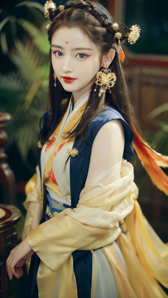 huji,fine - art photography,soft portrait shot 8 k,mid length,ultrarealistic uhd upper body,unsplash,kodak ultra max 800,85 mm,intricate,centered symmetrical composition,stunning photos,masterpiece,grainy,centered composition,smile:1.3,(sharp face:1.2),
red duohuan_dress,(golden hair:1.4),solo,jewelry,earrings,long hair,(huadian:1.2),hair ornament,upper body,red lipstick,(blue eyes:1.3),