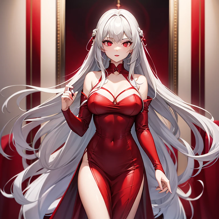 Beautiful girl with long light gray hair, red eyes, red lips, in a divine red-crimson robe, stands