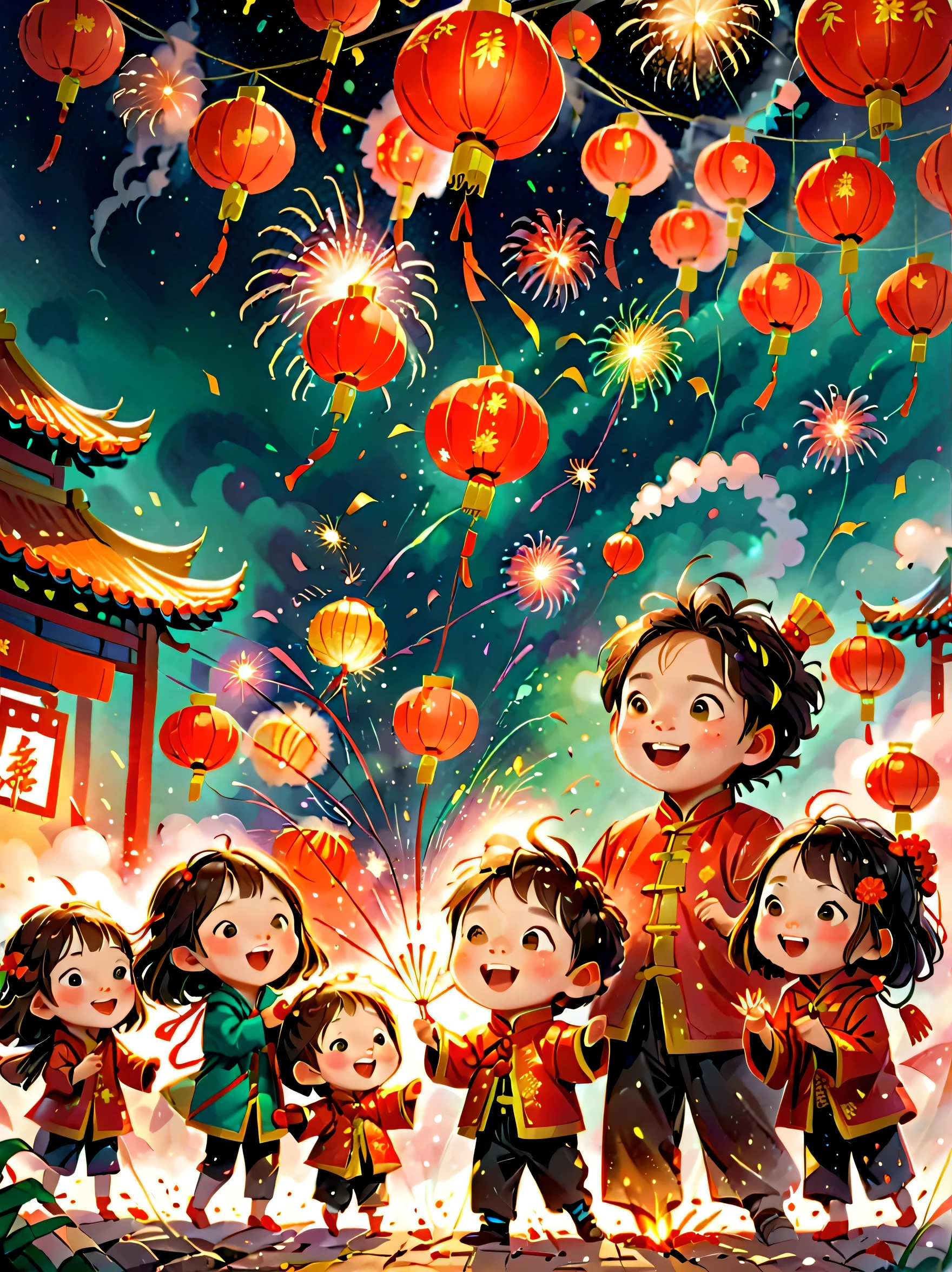 ChildrenRedmAF, 児童書, (Tim Burton style),(Illustrations capture the essence of Chinese New Year),(Lanterns and festoons),It's snowing,In the joyful atmosphere of the New Year,(5 children are setting off firecrackerire works),(天上有很多fire works),the picture was beautiful,(Detailed and vivid children'Hand drawn illustrations),Show people's expressions
