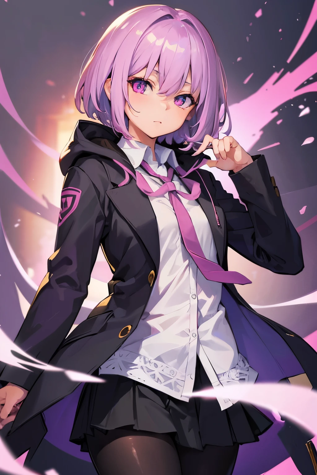 akaneshinjou, shinjou akane, light purple hair, (pink eyes:1.2), short hair,
BREAK black pantyhose, bow, collared shirt, hood, hooded jacket, jacket, open clothes, open jacket, open shirt, pantyhose, purple bow, purple jacket, school uniform, shirt, sleeves past wrists, unbuttoned shirt, white shirt,,
BREAK indoors, city,
BREAK looking at viewer, BREAK (masterpiece:1.2), best quality, high resolution, unity 8k wallpaper, (illustration:0.8), (beautiful detailed eyes:1.6), extremely detailed face, perfect lighting, extremely detailed CG, (perfect hands, perfect anatomy),