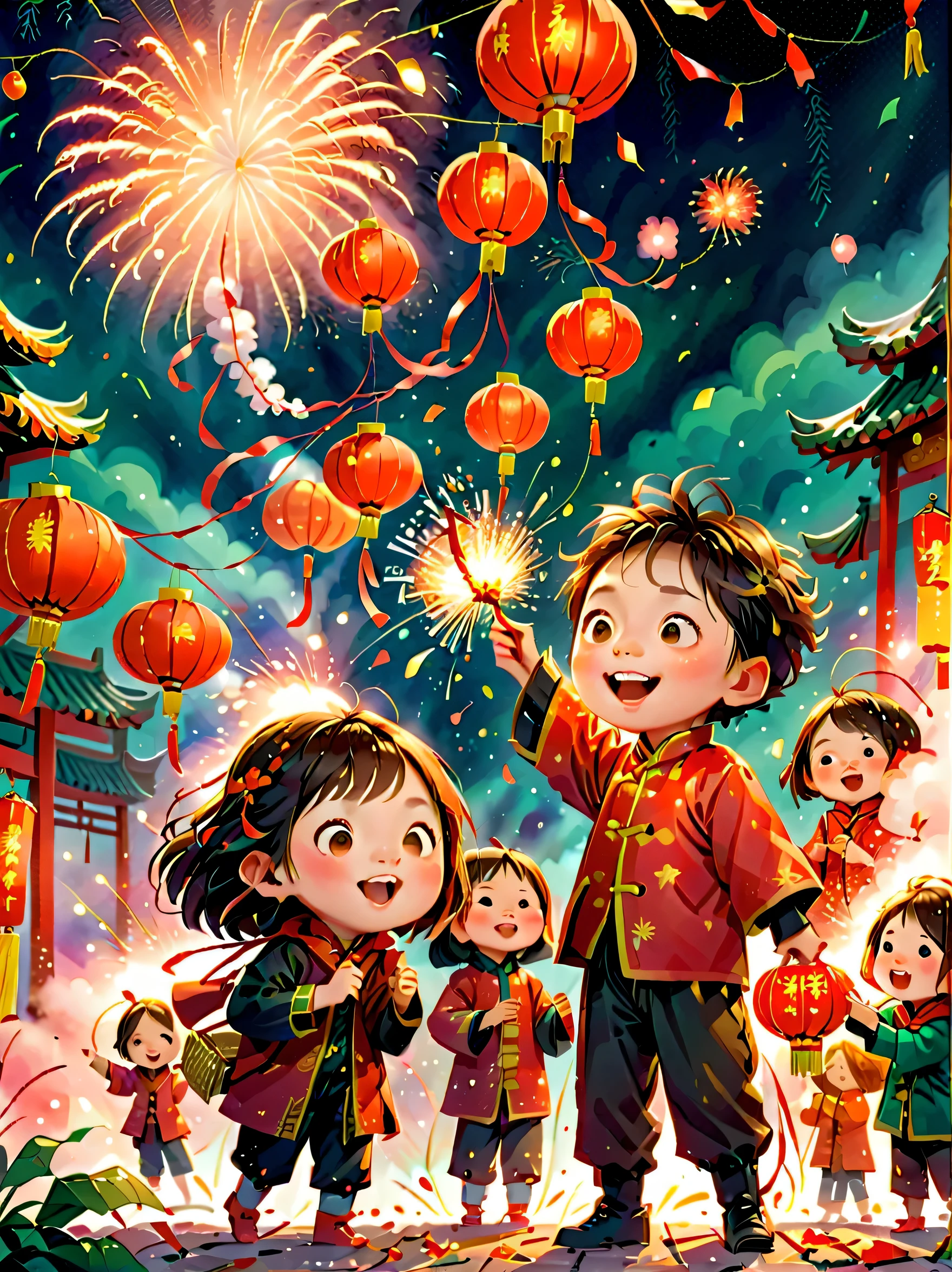 ChildrenRedmAF, 児童書, (Tim Burton style)，(Illustrations capture the essence of Chinese New Year)，(Lanterns and festoons)，It's snowing，In the joyful atmosphere of the New Year，(5 children are setting off firecrackerire works)，(天上有很多fire works)，the picture was beautiful，(Detailed and vivid children&#39;Hand drawn illustrations)，Show people&#39;s expressions