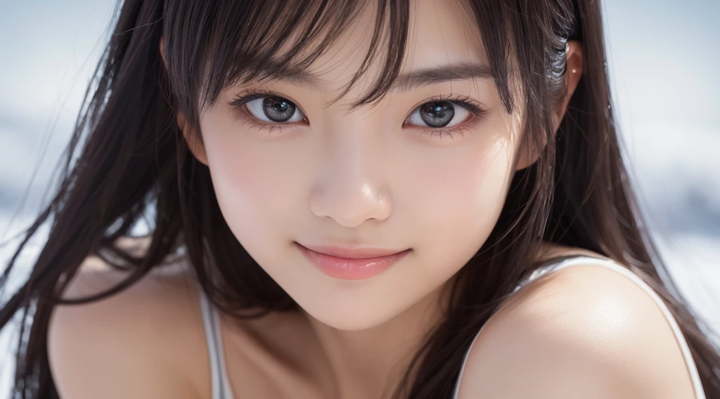 (Hair Nude、teats,Very detailed 8k wallpaper, 1920x1080、 Best Quality, Long black hair), (Best Illumination, Best Shadow, extremely delicate and beautiful), Smile, Sunlight shines in, depth of fields、Wheezing、Lush bust、、(((Ultimate Beauty Portrait)))、((glistning skin))、女の子1人、bright expression、((Long Black Hair、Hair Nude,clong legs))、(cleavage of the breast)、((Big eyes that shine like jewels))、Glossy glossy skin、(Medium Hair)、eye liner、Beautiful bangs、Hair between the eyes、((masterpiece、最hightquality、ultra-detailliert、Film Light、intricate-detail、hight resolution、natural soft light、snowscape))、细致背景、8KUHD、Soft light、hightquality、depth of fieldsは浅く、teats