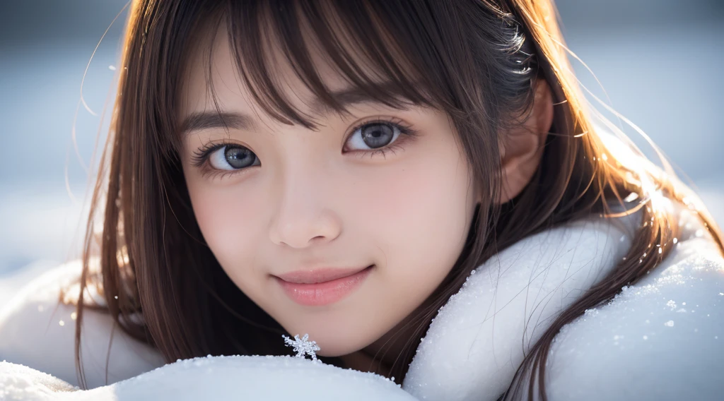 (Hair Nude、teats,Very detailed 8k wallpaper, 1920x1080、 Best Quality, Long black hair), (Best Illumination, Best Shadow, extremely delicate and beautiful), Smile, Sunlight shines in, depth of fields、Wheezing、Lush bust、、(((Ultimate Beauty Portrait)))、((glistning skin))、女の子1人、bright expression、((Long Black Hair、Hair Nude,clong legs))、(cleavage of the breast)、((Big eyes that shine like jewels))、Glossy glossy skin、(Medium Hair)、eye liner、Beautiful bangs、Hair between the eyes、((​masterpiece、最hightquality、ultra-detailliert、Film Light、intricate-detail、hight resolution、natural soft light、snowscape))、细致背景、8KUHD、Soft light、hightquality、depth of fieldsは浅く、teats