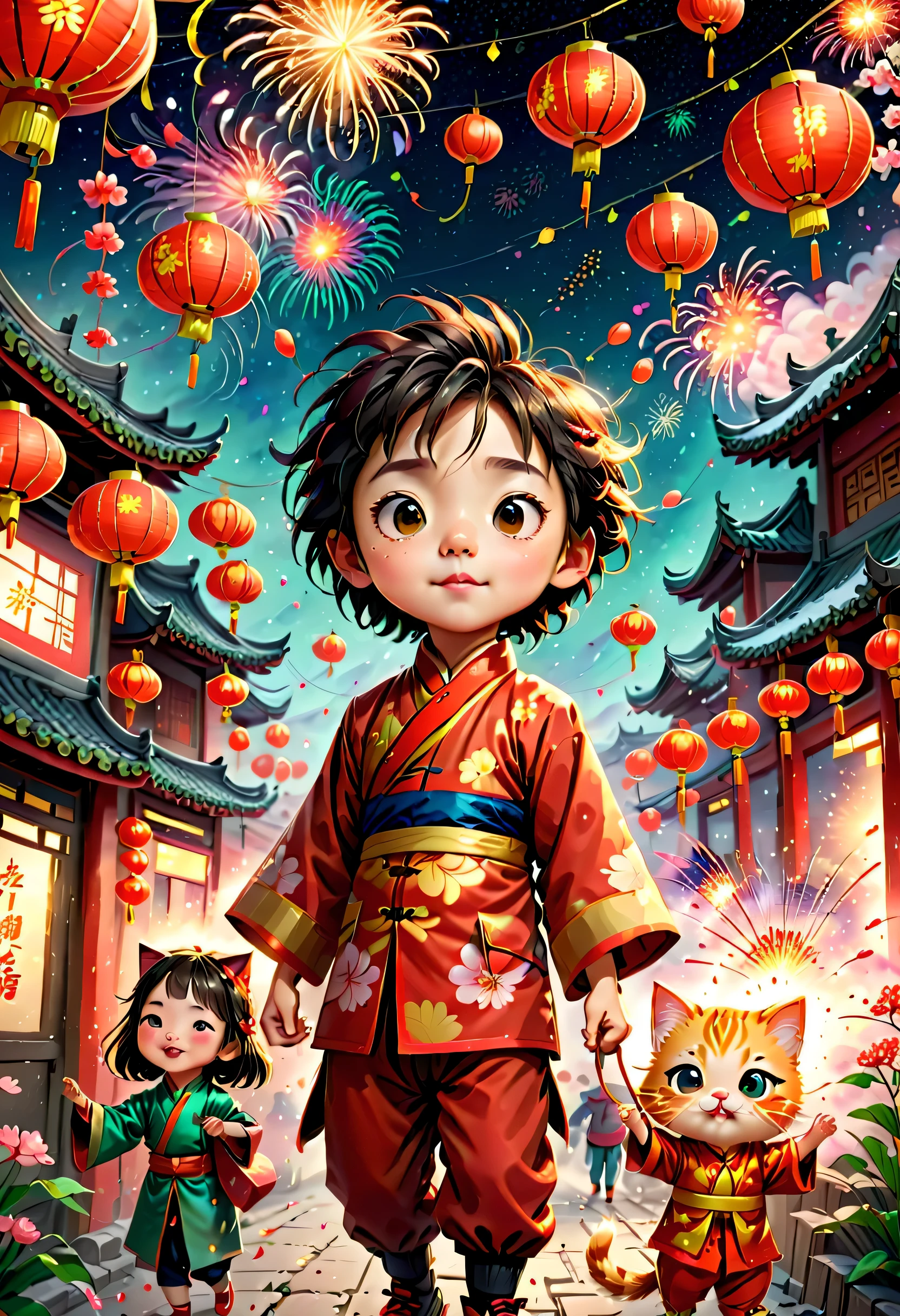ChildrenRedmAF，(Tim Burton style)，(Illustrations capture the essence of Chinese New Year)，(Lanterns and festoons)，It's snowing，In the joyful atmosphere of the New Year，(5 children are setting off firecrackerire works)，(天上有很多fire works)，the picture was beautiful，(Detailed and vivid children&#39;Hand drawn illustrations)，Show people&#39;s expressions，1 kitten watching