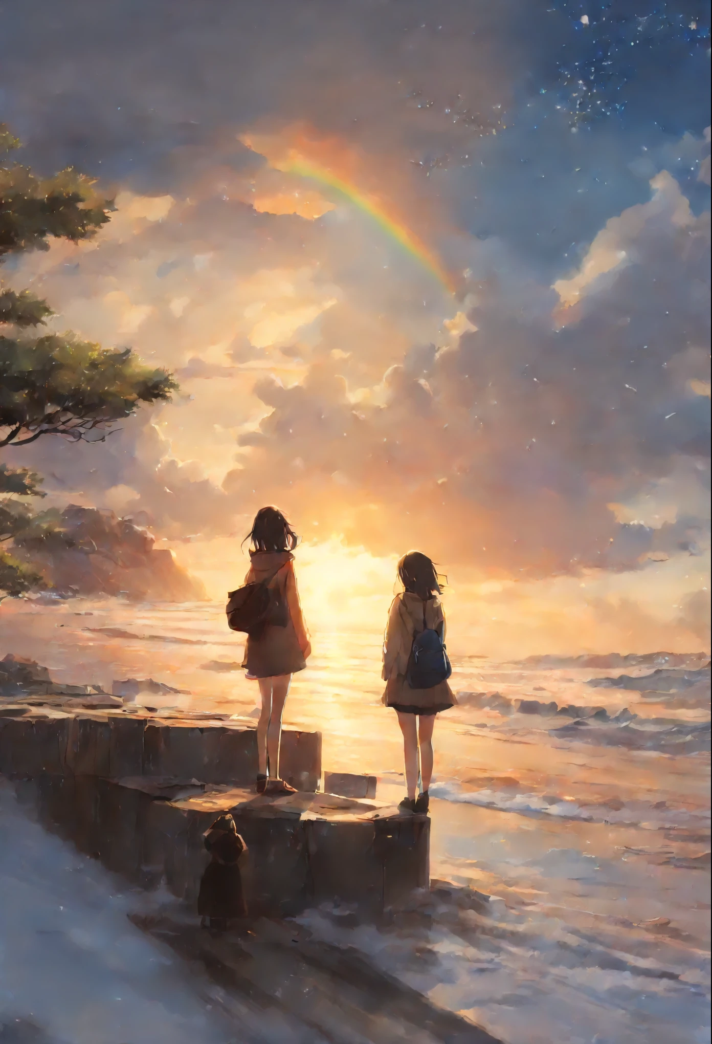A lot of girls, Girls from different worlds (snowfall, Christmas tree, New Year's toys, Beach falling snow, waves, sand)reach out to each other, anime couple two girls friends brunette and blonde, standing on a ledge and watching the sunset, clouds and rainbow below, guweiz and makoto sinkai, in style of makoto sinkai, makoto sinkai cyril rolando, sakimichan and makoto sinkai, ross tran and makoto sinkai, ( ( makoto sinkai ) ), style of makoto sinkai