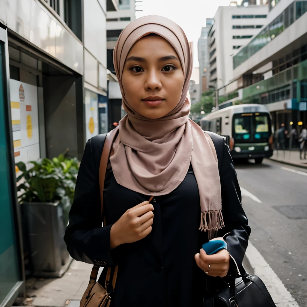 Photograph a Malay girl in hijab as she navigates the urban jungle, confidently commuting to work or school, showcasing her modern lifestyle in the heart of the city.