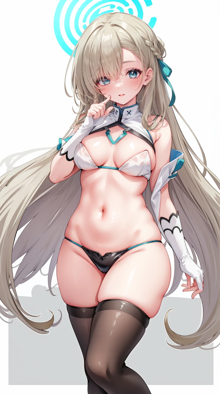 (A high resolution), (Ridiculous resources for the most quality), (high high quality), (tmasterpiece), 1 plump girl, Asuna, eBlue eyes, Long gray hair, The halo, hair covering one eye, Very long hair, Light brown hair, (, Crack comparison glue high socks, Red latex stockings, praying hands logo, looking at viewert, 8K HD RTX, Delicate finger detailing,The ????? is exposed，Slim figure，