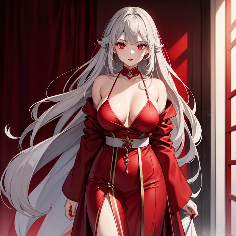 Beautiful girl with long light gray hair, red eyes, red lips, in a divine red-crimson robe, stands