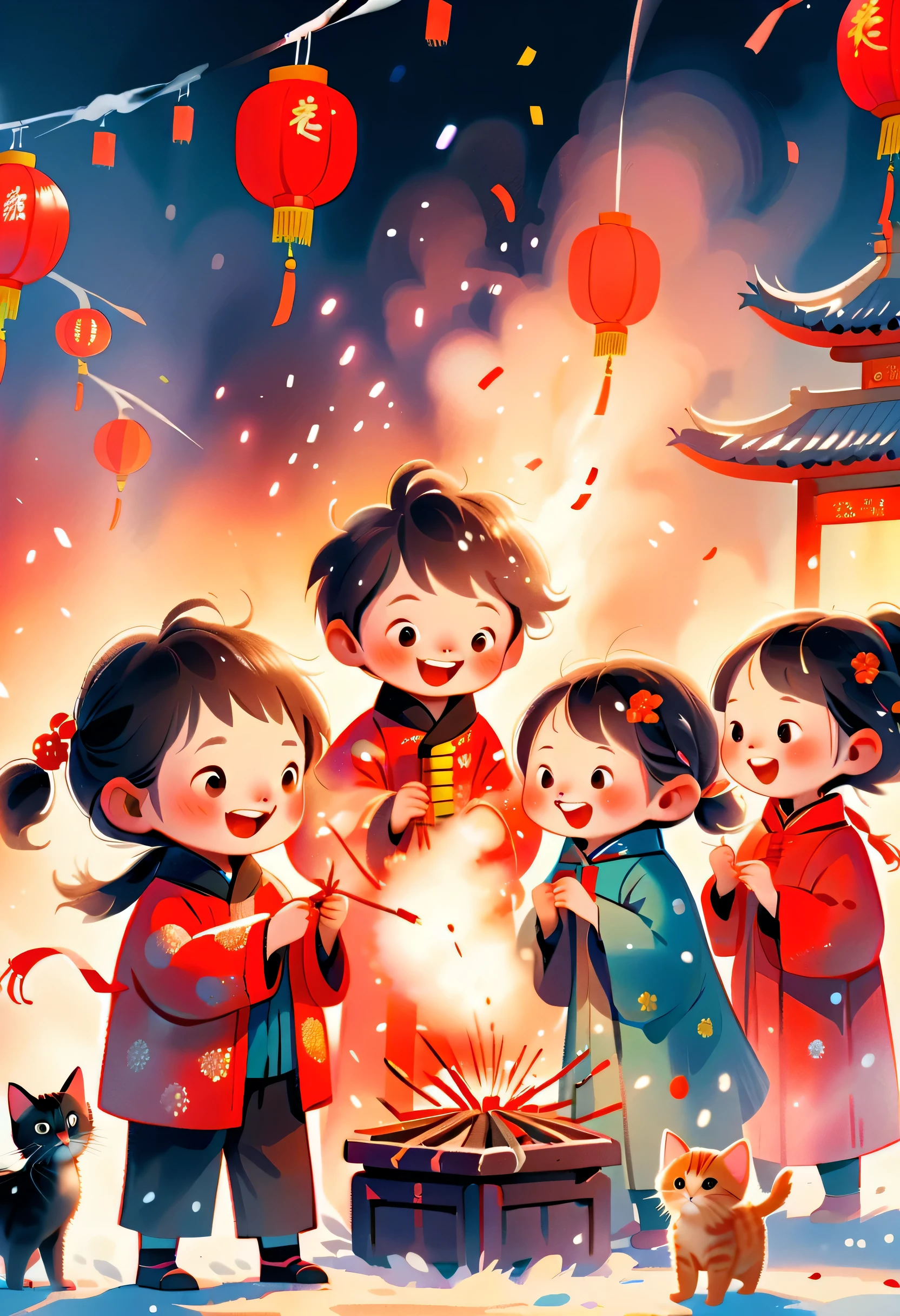 Tim Burton's style, Illustrations that capture the essence of Chinese New Year, nevando, In the joyful atmosphere of the Spring Festival, Five children are setting off firecrackerire works, kitten watching, Beautiful graphics, Detailed facial expressions of characters, Vivid hand-drawn illustrations for children