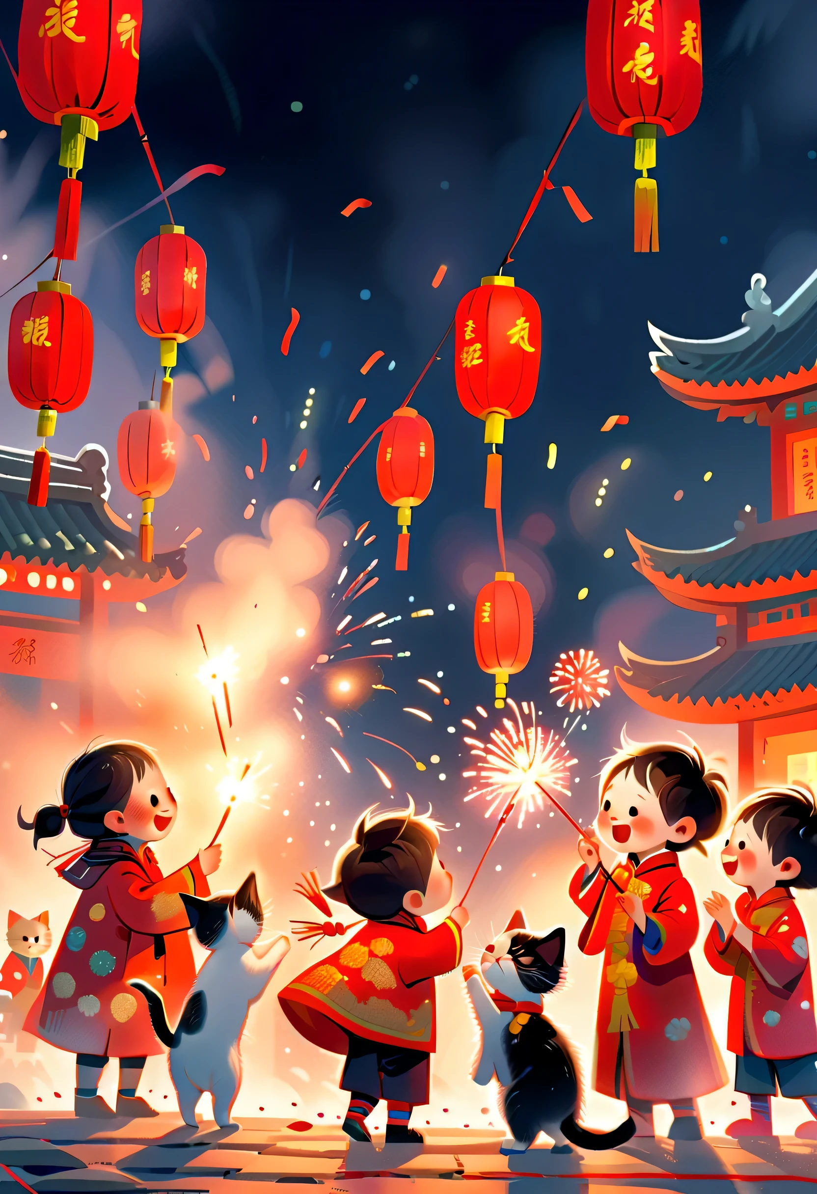 Tim Burton's style, Illustrations that capture the essence of Chinese New Year, nevando, In the joyful atmosphere of the Spring Festival, Five children are setting off firecrackerire works, kitten watching, Beautiful graphics, Detailed facial expressions of characters, Vivid hand-drawn illustrations for children