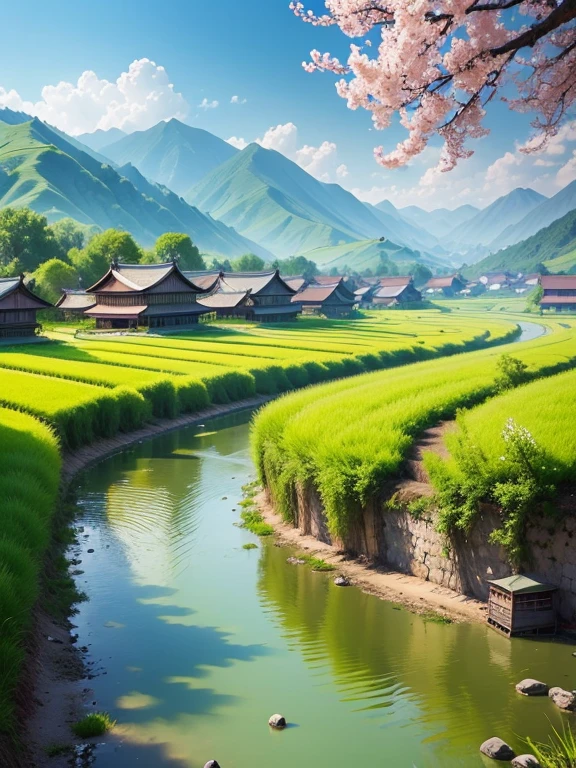 Chinese countryside scenery in spring,There are green mountains and green water,There are rows of houses,there are many willow trees,There are blooming peach blossomull of life