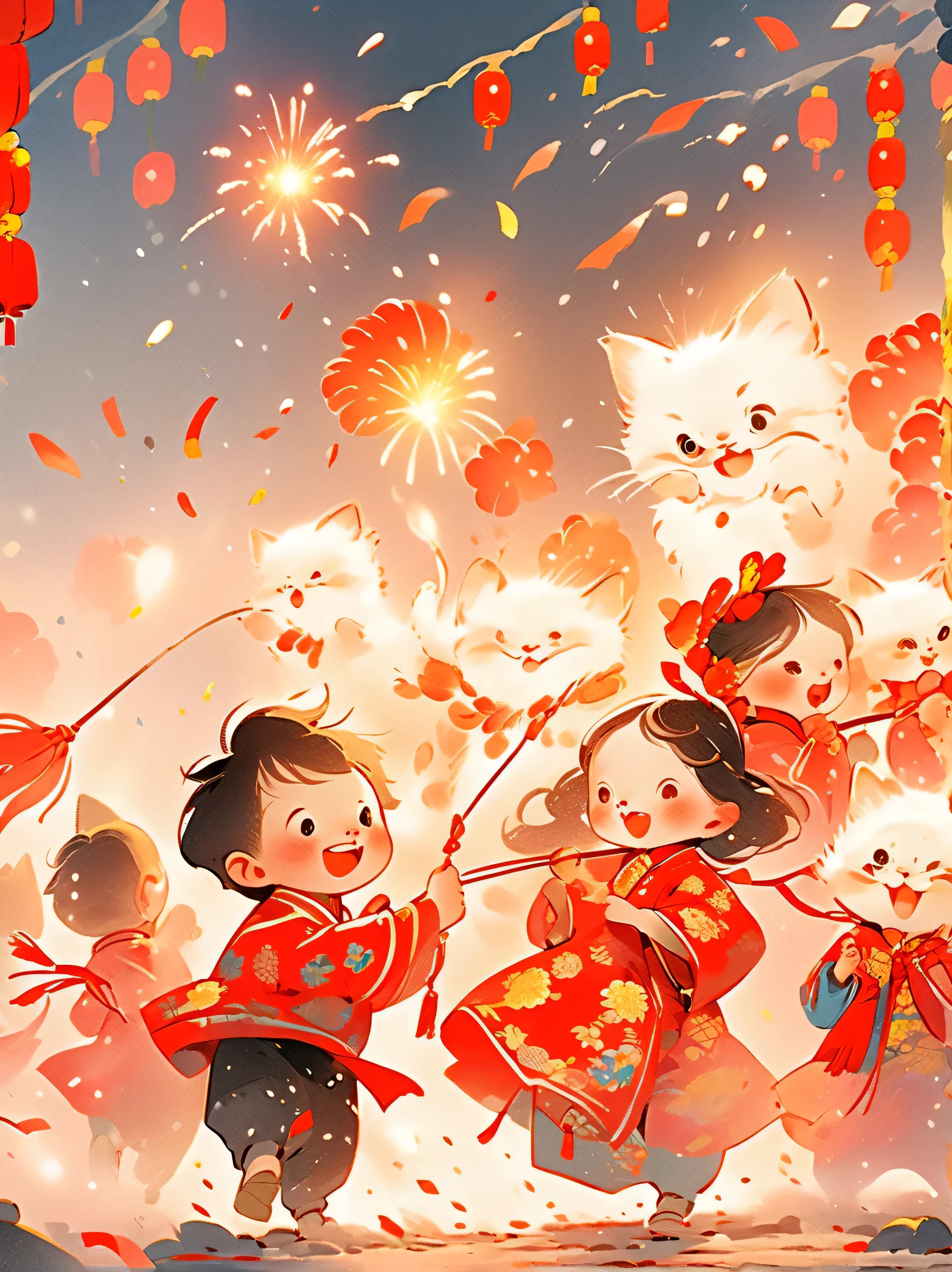 Tim Burton's style,Capturing the Essence of Chinese New Year,It's snowing,In the joyful atmosphere of the New Year,Five children are setting off firecrackerire works,kitten look,A beautiful picture,Detailed facial expressions of characters,in vivid children's hand drawn illustration