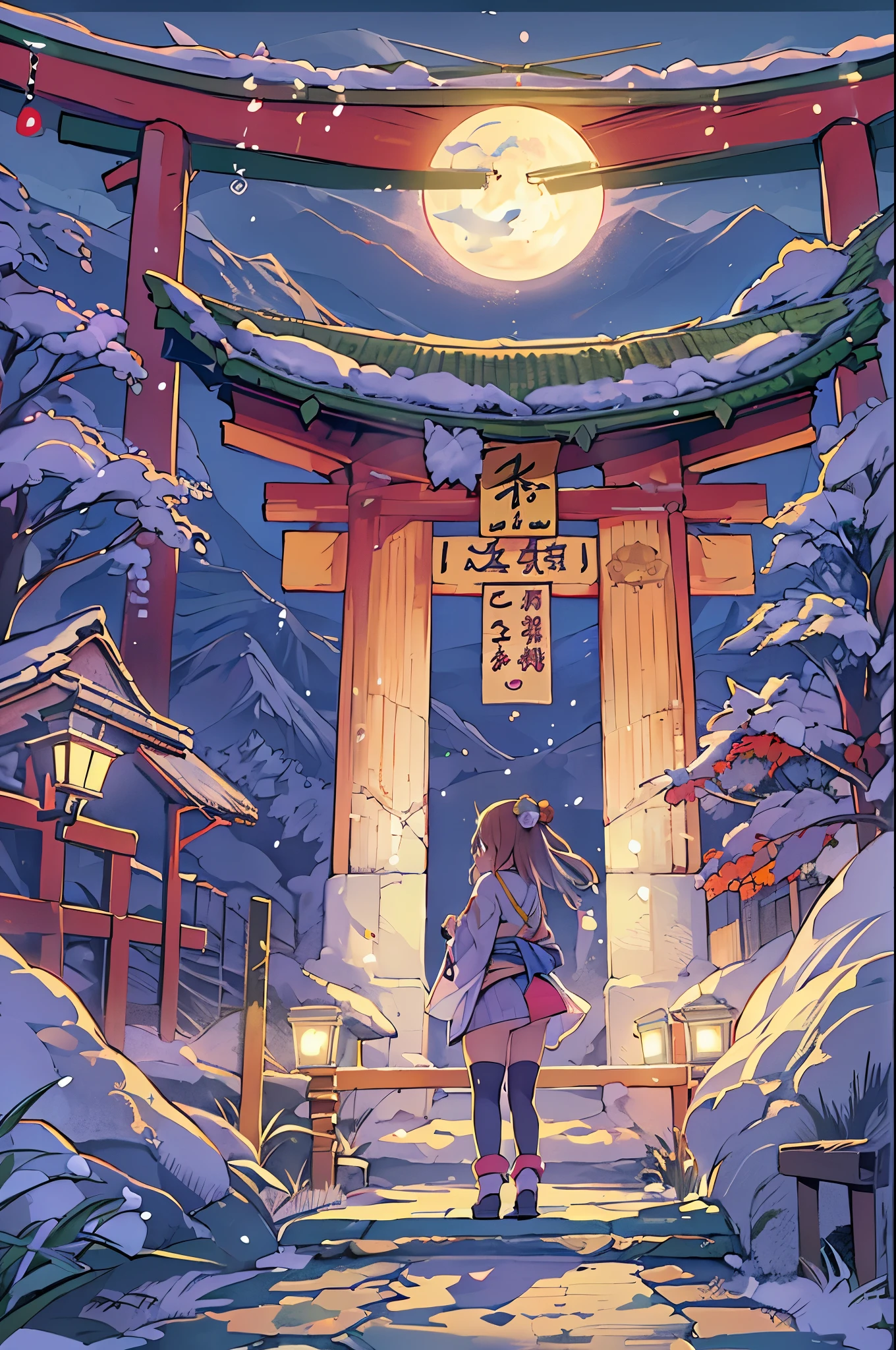huge-breasted、kawaii、(Sunny Clothes)、torii gate、{{close up to face}}、eye closed、bbw、thick thight、big butts、Ultramammy, Winter days, Anime Background Art, japanese art style, beautiful anime scene,detailed scenery - width 672, Background art, Anime landscapes, Anime Background, Beautiful anime scenery, Beautiful peace scenes in anime, landscape artwork, Japan Village, Anime landscapesコンセプトアート, 8K))、New Year’s Day、1 moon、Pray、Praying to God with palms together