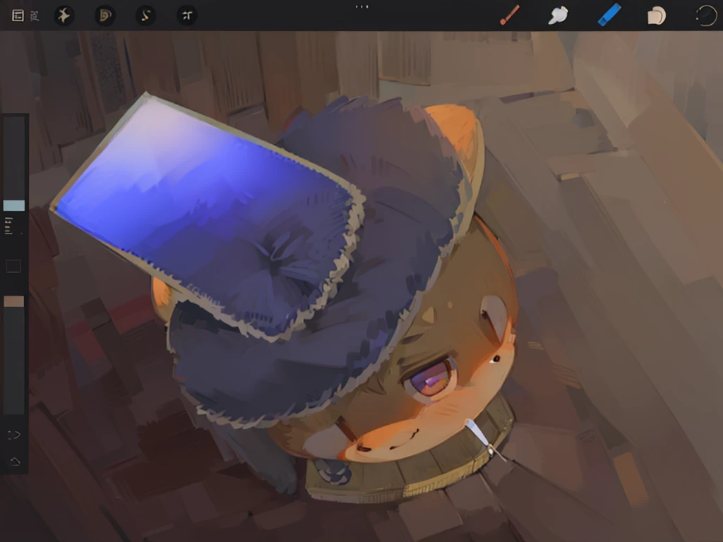 戴着帽子的Red panda的特写, 在 wacom 平板电脑上进行digital drawing, Red panda,人类Red panda,magic wand in hand , digital drawing, Magic hat, complete body, full bodyesbian,Red towel,ssmile,Close your right eye,Stand on the wooden floor,Theater stage on wooden floor,very flat shadow, cel shading, painted with a thick brush, Toon shading, Look down from above,Sunset light