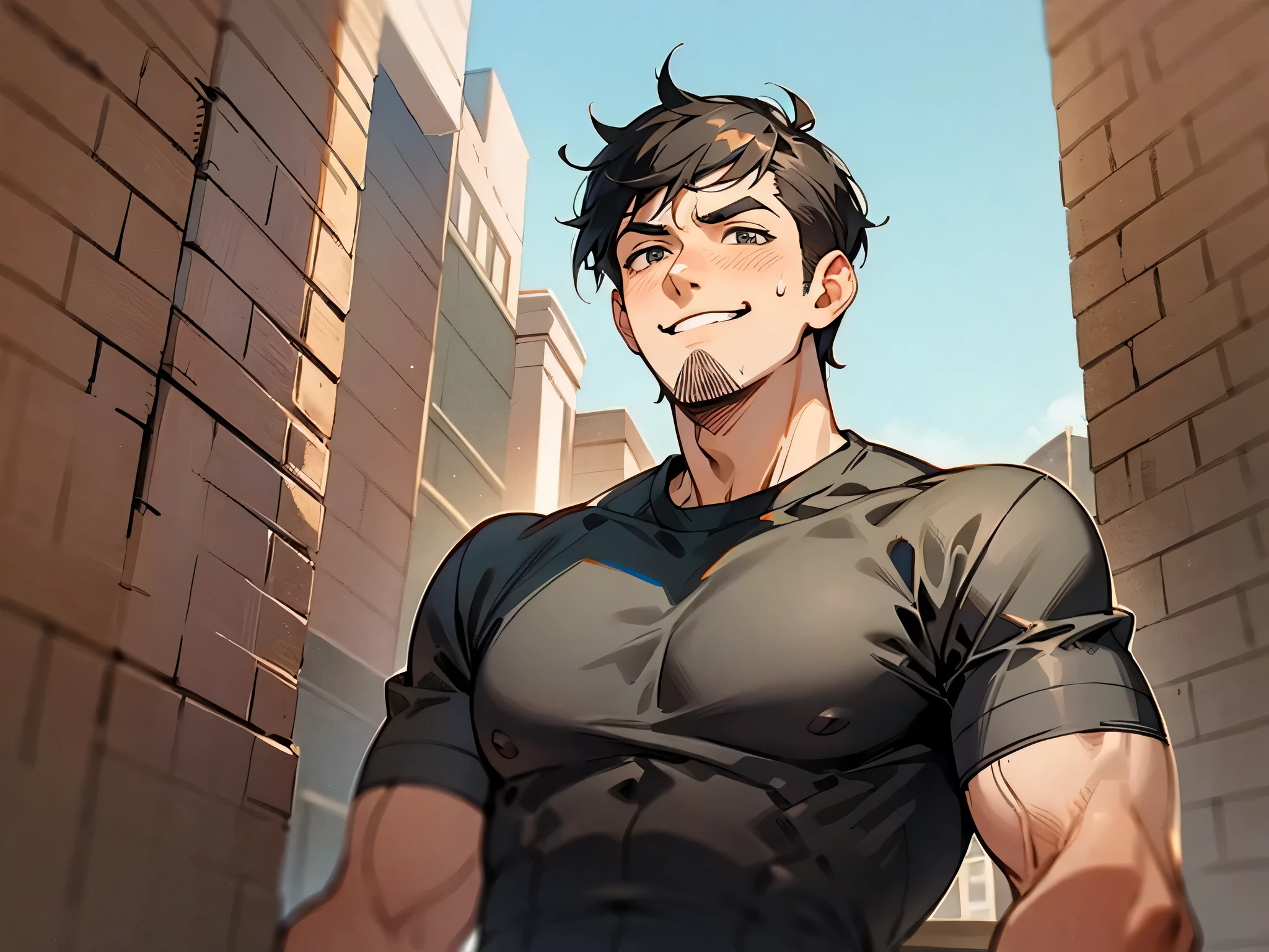 age 30s,Angle from below,Cabedon,upscaled,grinning evily,1 man, Short black hair,Uncle,macho, Black shirt, standing in the sun, , I have a brick in my hand, Sweat,constructionyardai