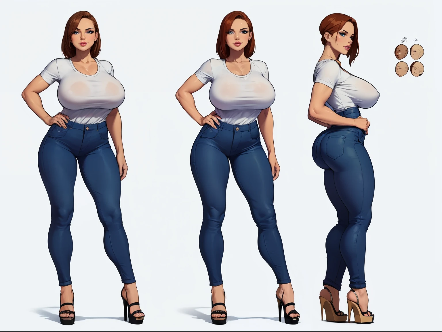 ((masterpiece)),(((best quality, detailed clear eyes, sultry heavy lidded eyes, huge eyelashes))),((character design sheet)), ((full body view)), Asian American milf with absurdly huge tits wearing (((mom jeans and low cut shirt))), jeans a shirt:1.3, skinny flat waist and juicy ass,  shiny skin, poses, scribbles and marks,(puffy lips:1.4), rough sketches, pose, 8k,16k, ( background, white background: 1.3), tanned skin, sky blue eyes, big puffy exaggerated lips, huge lips together in small smirk, wide cheekbones.