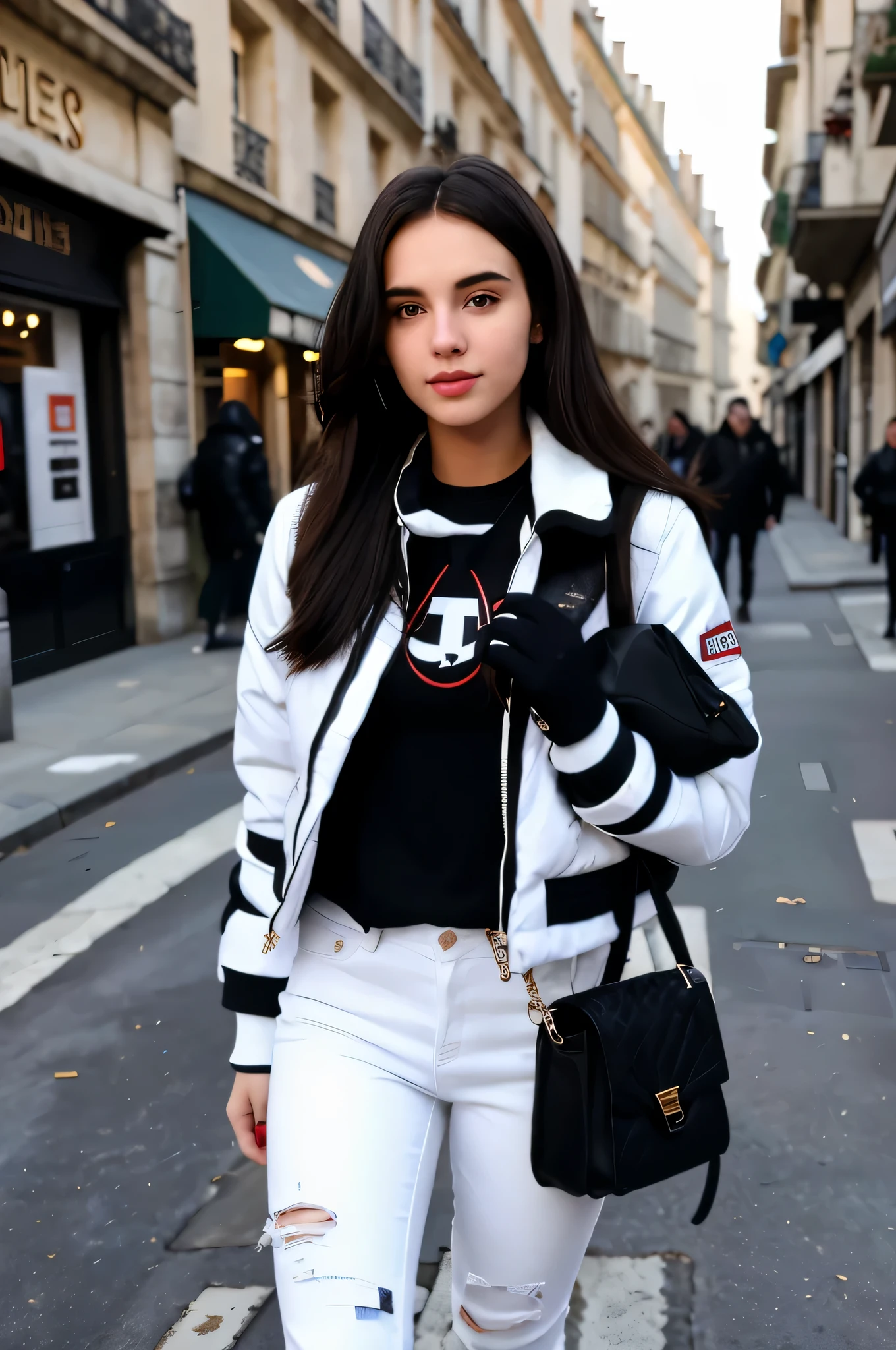 Best Quality, 8K, realistic, 32K, long brunette hair, 20 years old, beatufiful face, natural skin tone, white winter jacket, blue skinny jeans, black Fila disruptor 2 sneaker, walking on the street in Paris, winter, sunshine, blue sky