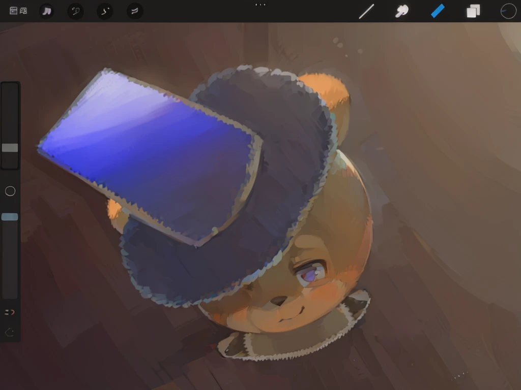 戴着帽子的Red panda的特写, 在 wacom 平板电脑上进行digital drawing, Red panda,人类Red panda,magic wand in hand , digital drawing, Magic hat, complete body, full bodyesbian,Red towel,ssmile,Close your right eye,Stand on the wooden floor,Theater stage on wooden floor,very flat shadow, cel shading, painted with a thick brush, Toon shading, Look down from above,Sunset light