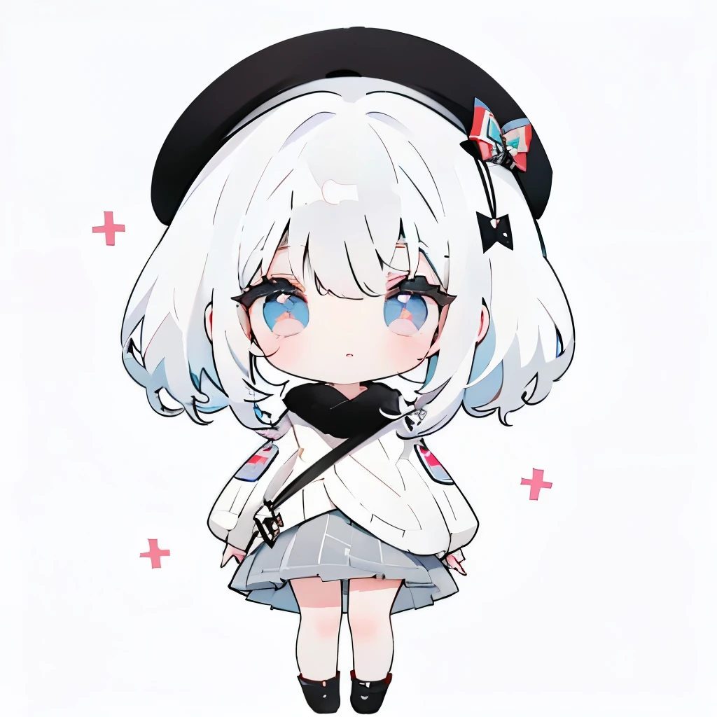 white  hair、Viola、White knitwear、Black beret、girl with、Medium Hair、Full body,Chibi、frontage、