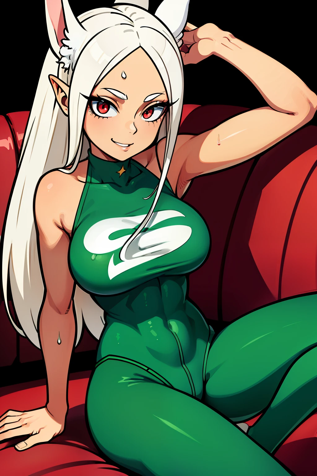 Cute girls,ojos rojos redondos, cabello blanco、orejas de conejo,sexy、sonriendo,Peinado liso medio a largo、（Bigboobs,lleva un sujetador verde，lleva unos leggins verdes,En una casa de alquiler，sitting on the couch，Noche，estaba lloviendo afuera，Upper body is wet.,cuerpo entero,lleva unos leggins verdes,green leggins