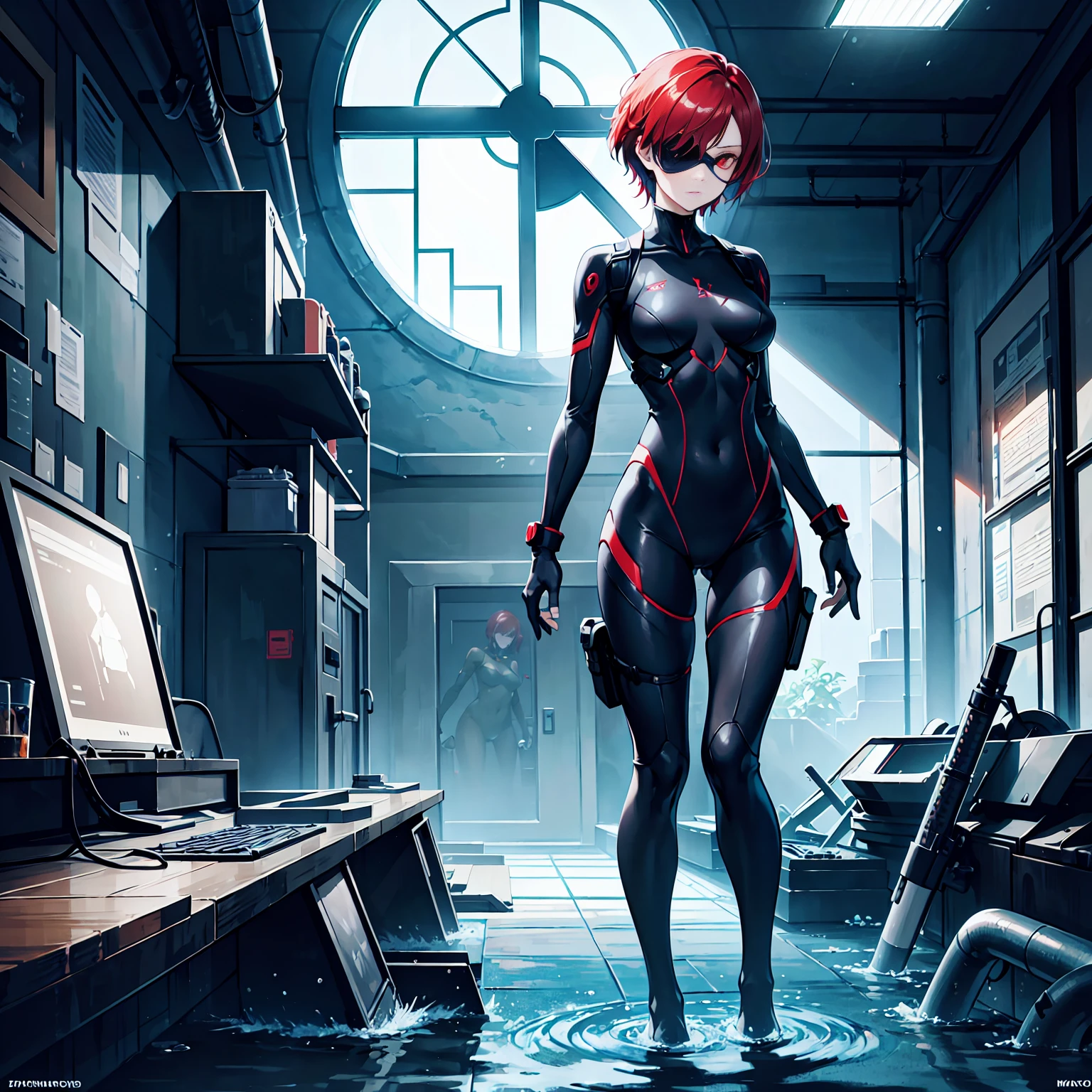 masterpiece, best quality, masterpiece, best quality, finely detail, beautiful detailed eyes, ultra detailed, extremely beautiful CG, super detailed skin, best quality, intricate, {{high quality}}, extra colors, 2D, megapixel, perfectionism, accent lighting, full HD, 4K, villain, dark e, 1girl, full body, 1girl, solo female, maturee, full body, contrapposto, resident evil laboratory, metal gear solid v, metroid underwater level, collarbone, red hair, red eyes, short hair, beautiful detailed eyes, weird red hair, short red hair, evil, medium_breasts, besty, beautifully detailed face, ray tracing, DOF,HDR, thighhighs, fingerless_gloves, skintight clothe, fully clothed, gloves, (eye patch on left eyes:1,2 ), sneaking_suit, tactical gear, tactical uniform, camouflage bodysuit, skintight bodysuit, sneaking_suit, tactical gear, full clothed, indoors, horror movie ambience, character scale for the background, underwater ambience background, science fiction background, indoor, underwater base background, glowing, underwater base, deep water, official art, water infiltration, deep water through window, Pipeline under water, science fiction laboratory, underwater science fiction laboratory background, low water level on ground, corridor, submarine interior,