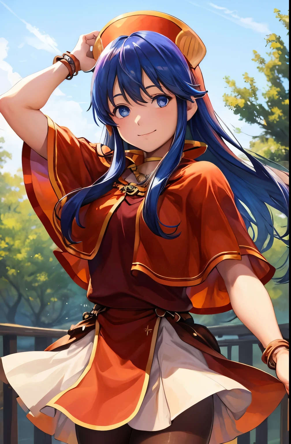 cowboy shot, upperbody,def_lilina,happy,closed mouth,  pantyhose,capelet, dress, jewelry,looking at viewer,outdoors,(masterpiece, best quality, ultra-detailed, best shadow)