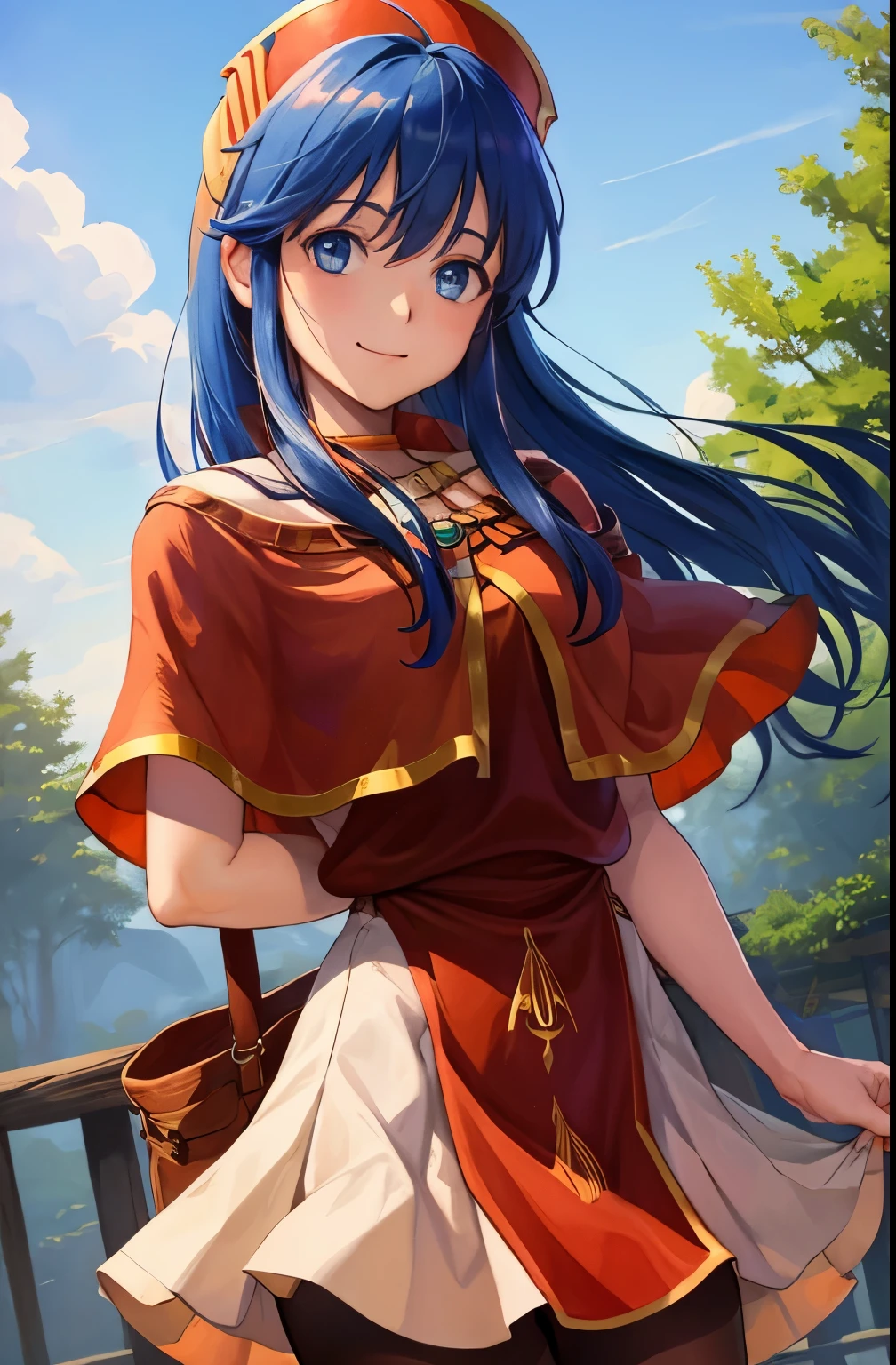 cowboy shot, upperbody,def_lilina,happy,closed mouth,  pantyhose,capelet, dress, jewelry,looking at viewer,outdoors,(masterpiece, best quality, ultra-detailed, best shadow)