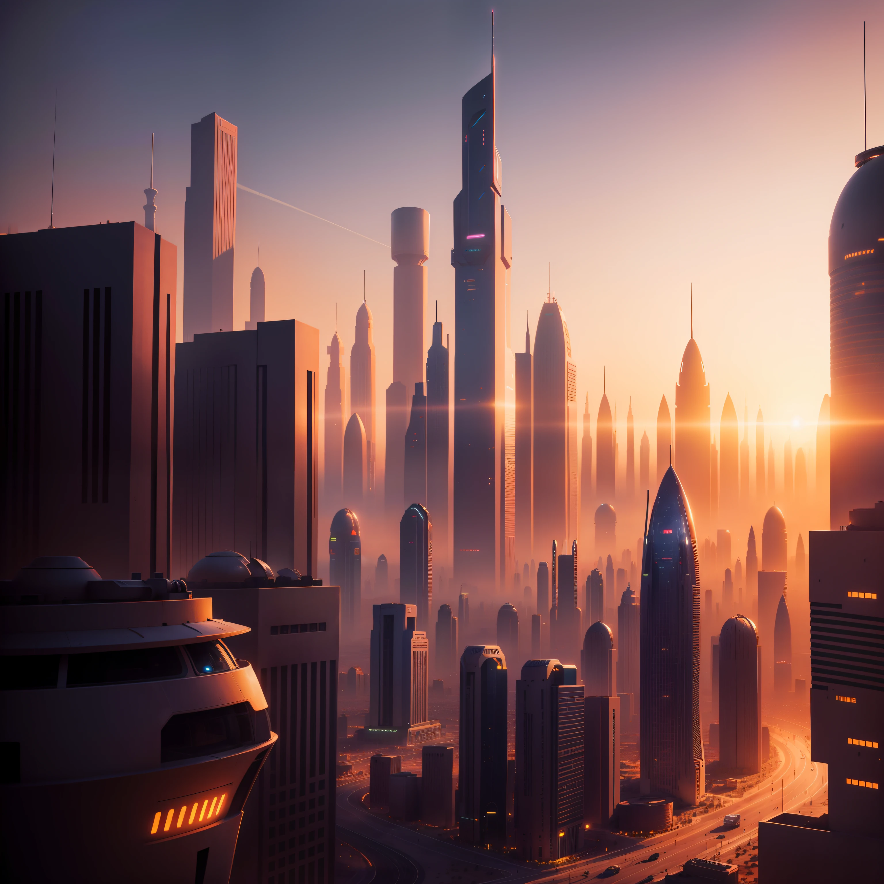 There is a very lively futuristic city in the desert，The setting sun illuminates the city at dusk
