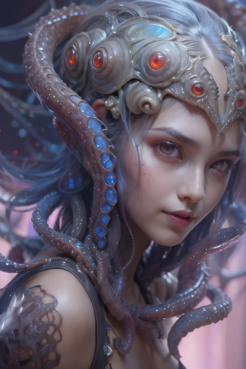 Portrait, (beautiful female alien:1.2), (she has red eyes with no pupils:1.8), (Translucent skin:1.7), (There is a female genital-like organ in the middle of the forehead:1.9), (The most beautiful face in the history of the universe:1.2),an evil gaze that seduces, (large mouth:1.1), (sharp teeth like a vampire:1.2), Full body like, (bio luminescent:1.5), (Smile wickedly:1.3), (sexypose:1.5), alien, No humans, cells are fused, (Lots of translucent tentacles:1.3) extraterrestrial, cell, bio image, Best Quality, 8K,4K_quality, High Definition, Dramatic Lighting, masutepiece:1.5,cinematic quality, detail up, (Intricate details:1.2), High resolution, High Definition, drawing faithfully, (Thick eyebrows:1.2), Beautiful eyes with fine symmetry,(Highly detailed face and eyes:1.2), Intimate face, (Super detailed skin quality feeling:1.4), Perfect Anatomy, (Beautiful toned body:1.5), (Moist skin:1.2), No makeup, (dark circles:1.1), long canines, cinematic drawing of characters, ultra high quality model, cinematic quality, detail up, (Intricate details:1.2), High resolution, High Definition, drawing faithfully, Official art, Unity 8K wall , 8K Portrait, Best Quality, Very High resolution, ultra detailed artistic photography, midnight aura, unreal enginee 5, Ultra Sharp Focus, art by alberto seveso, ArtGerm, Roisch, intricate artwork, best quality, masutepiece, ultra High resolution, (photos realistic:1.4), Ultra-realistic realism, dream-like, nautilus, Creation of fantasy, Snail, Dream Snail, biopunk nautilus, Thrilling color schemes, Ultra-realistic realism, seductively smiling, Blue tentacles,