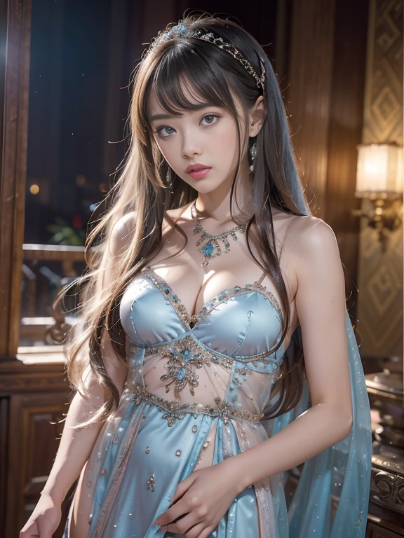 best qualtiy， tmasterpiece， 超高分辨率， （realisticlying：1.5）， RAW photogr， 1girll, silber hair, long hair，hair adornment shoulders，Cold and glamorous，Raised sexy，Cyan and pink tulle dress, Detailed scenes, amazing pose, Eye-catching accessories, Picturesque