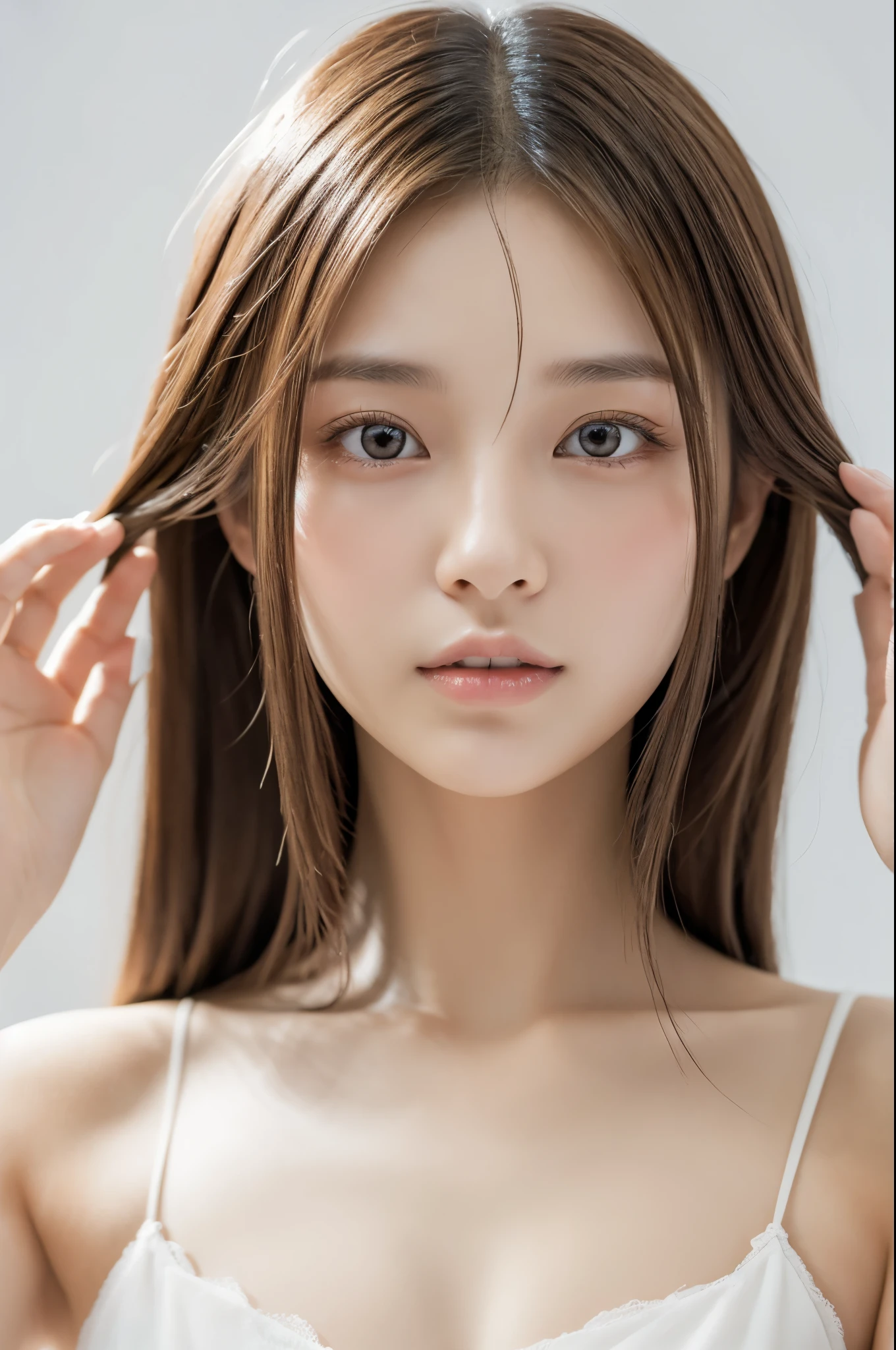 Young japanese lady, 30s, White background, It features a simple背景, white-brown hair, slender, 4K, in 8K, High quality, Beauty, Beautiful eyes, It features a simple, High resolution,1 person,Beautiful skins,Beautiful skin